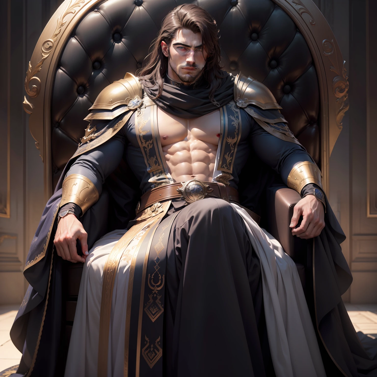 (absurdes, hauts, Ultra detailded), 1 homme, adulte, beau, tall muscular man, broad shoulders, finely detailed eyes and detailed face, cheveux longs, fantaisie, fond magnifique, Throne, effet magique, flamme full body covered with outfit and Armor