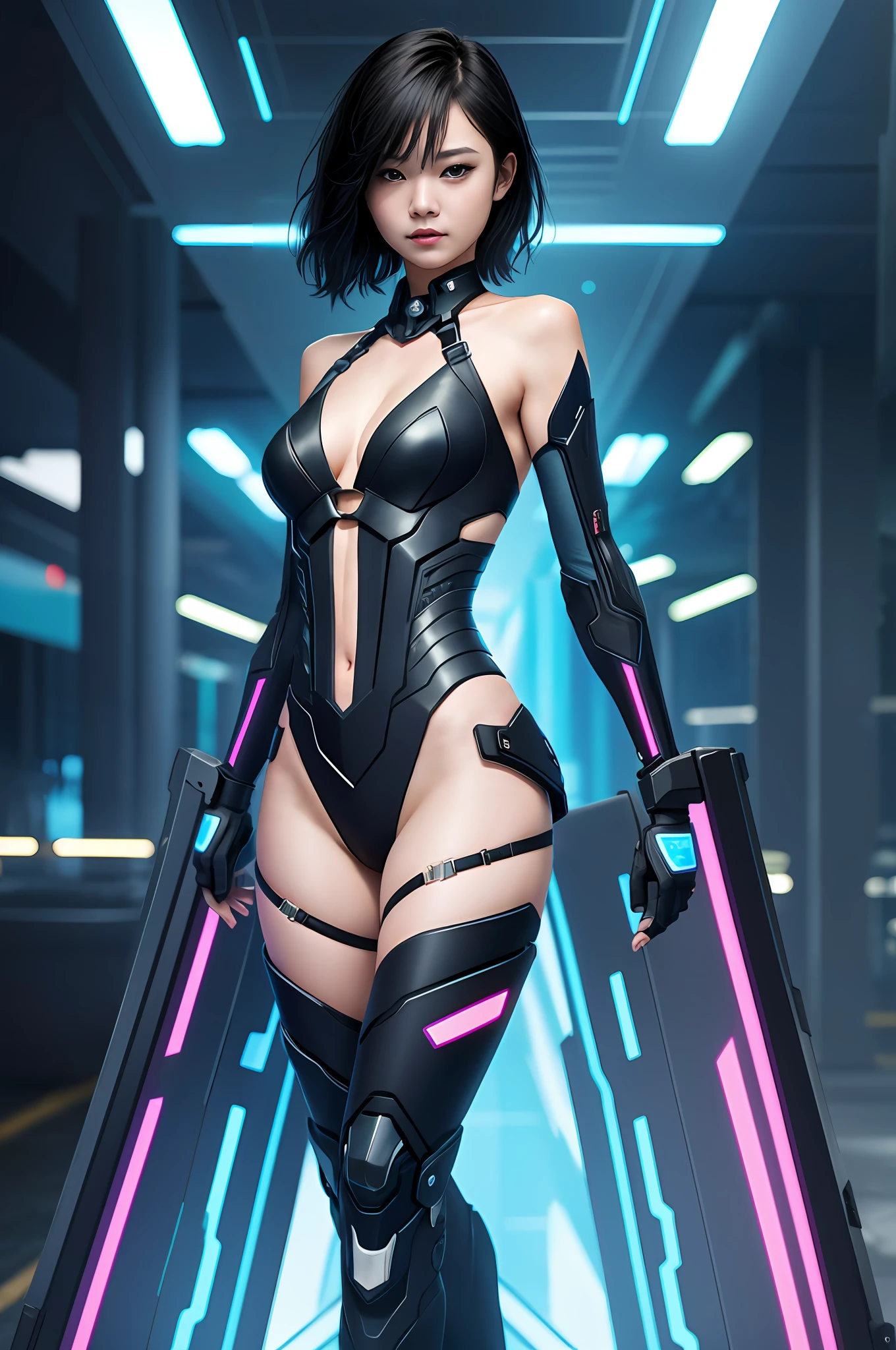 A cyberpunk female figure，Ray traching，Many-Layer Textures，largeaperture，depth of fields，3D，Surface Coloring，MAXIMUM DEFINITION，post-proces，Material interactions are precisely simulated with each other，Delicate face，low chest，Bare shoulders，，nabel，upper legs，perfectly proportions，超高分辨率，blanche