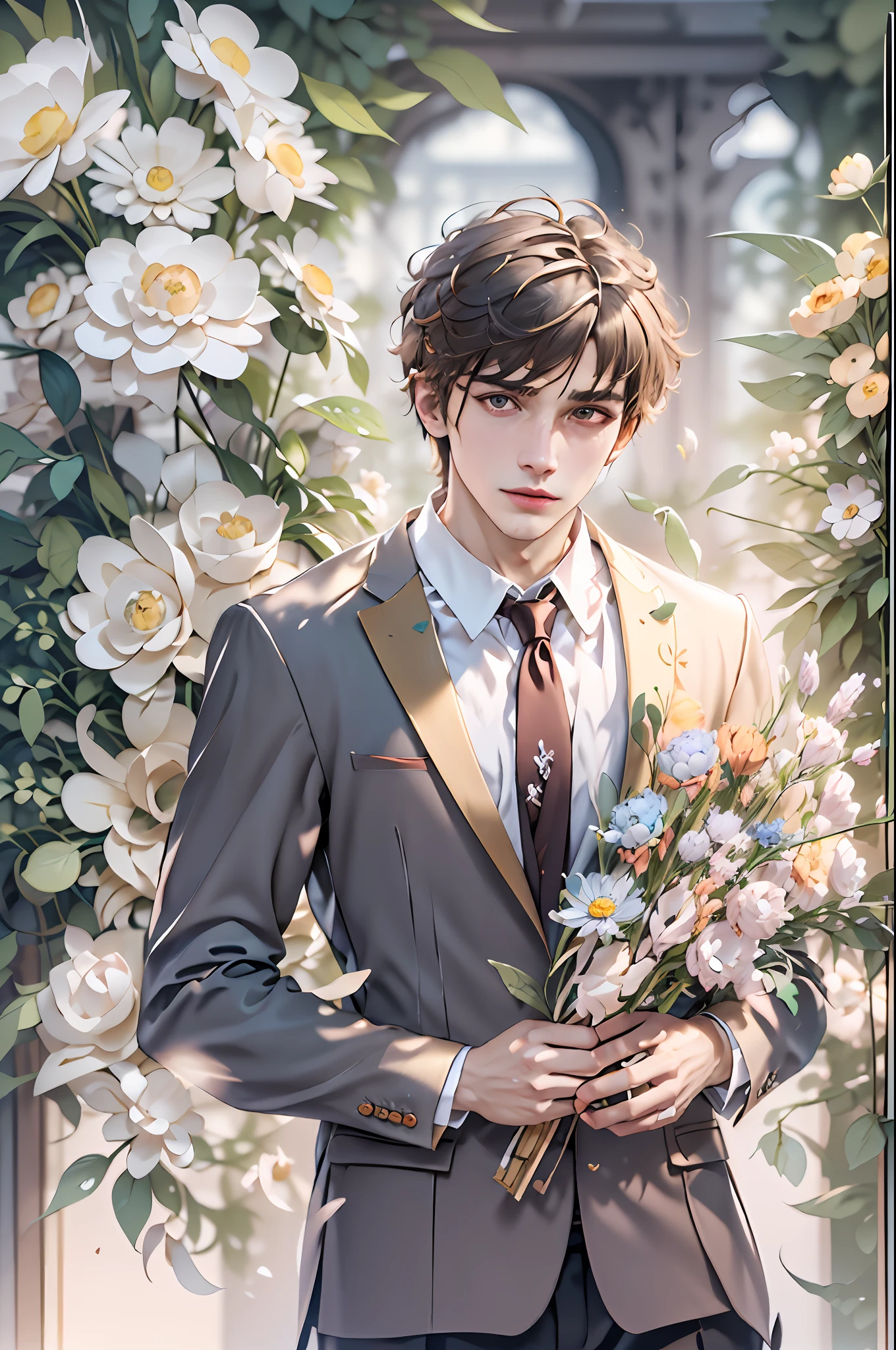 ((best quality)), ((masterpiece)), (detailed), 1man, young man, short hair, vibrant color scheme, Soft light,(warm color:1.2),Water color painting, light background, best quality exquisite details,3d rendering,Octane render, paper_cut. A man holding flowers, wearing a suit