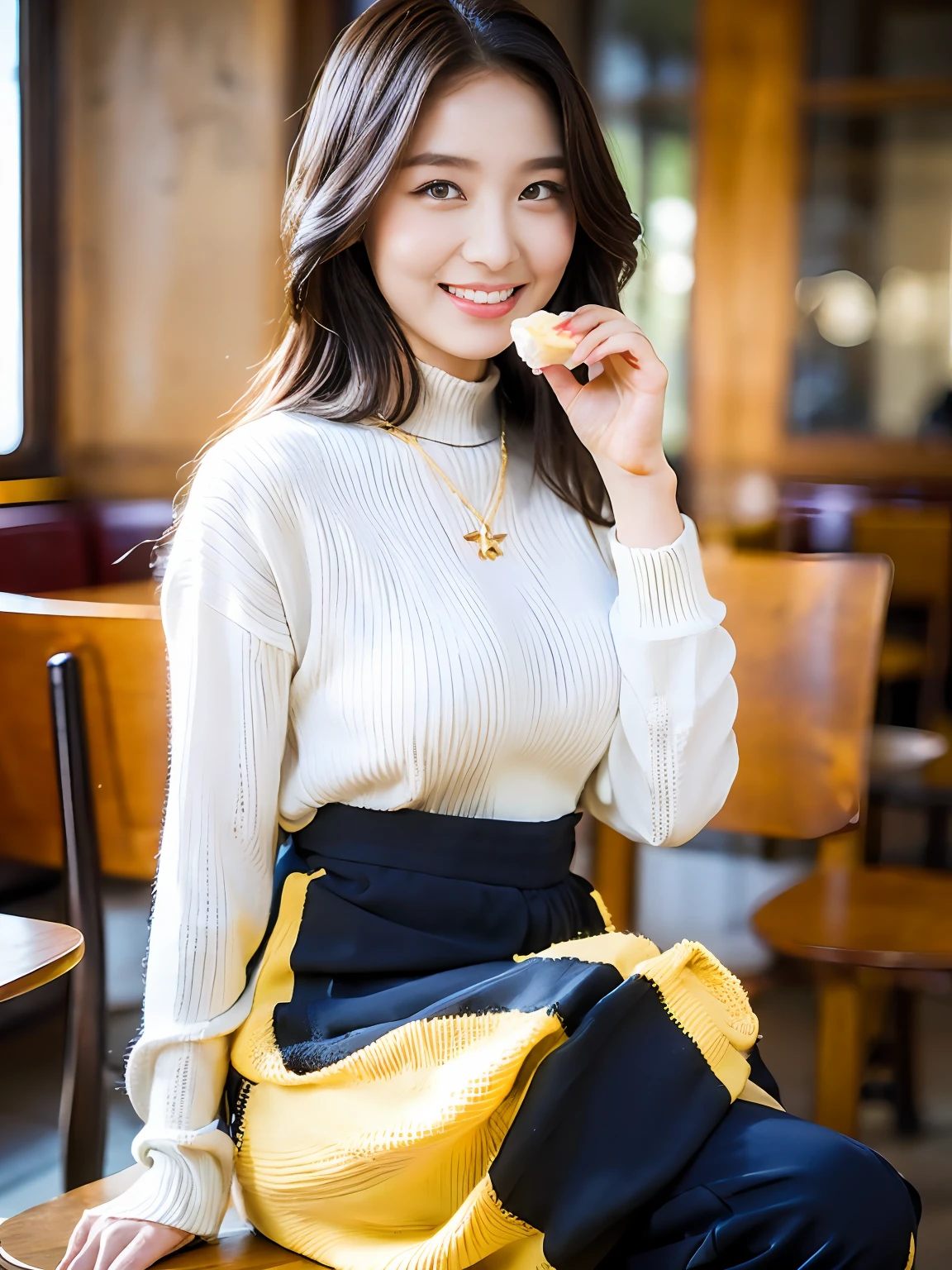 18 year old girl with perfect face and big breasts, cute clothes, slim and slender physique. The skin has detailed and highly detailed eyes (1.1 emphasis), very detailed skin texture (1.1 emphasis). slender necklace, model photo style, photorealistic, skin texture is real human skin texture, detailed skin pores, intricate details, eyes very detailed, knee up, attractive sexy chibi, smile, happy smile, eating parfait in café, sitting, dark blue high neck knit sweater, black long pants, café, sweets