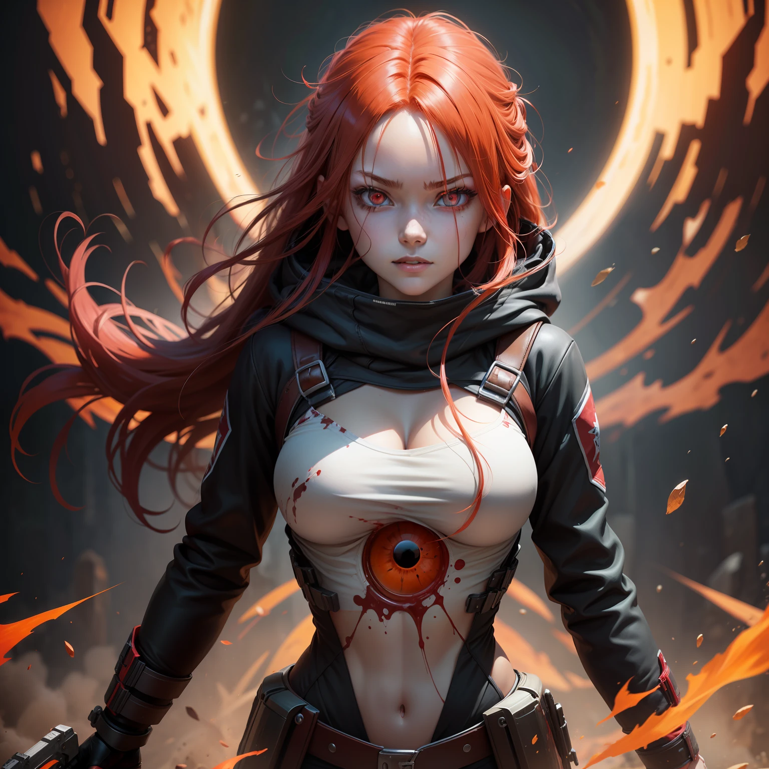 gunslinger psycho anime girl, red hair, hair between eyes, shiny hair, hood down, dilated pupils, crazy eyes, half-closed eyes, glowing eyes, bloodshot eyes, red eyes, wide-eyed, evil smile, crazy, Action painting, bloom, ray tracing, drop shadow, wide shot, panorama, Canon, Surrealism, anatomically correct, textured skin, high quality, best quality, highres, high details, anatomically correct, anatomically correct