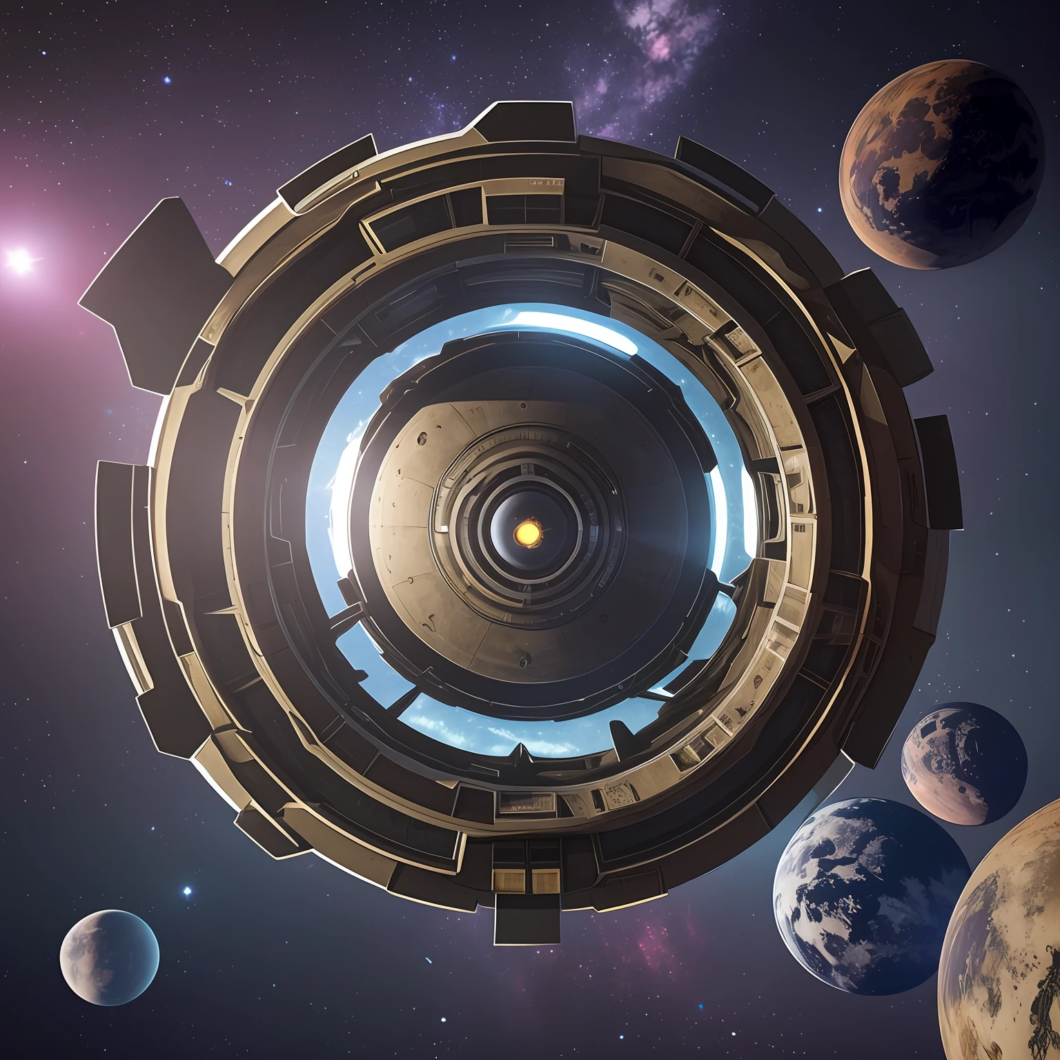 Unreal Engine rendered, hyper-real, realistic, in the dark space, empty, only a little starlight, a strange planet in the distance, a ring-shaped spaceship flying towards the planet, huge spaceship, fully equipped, floating small space junk, close to the perspective of the spaceship --auto --s2