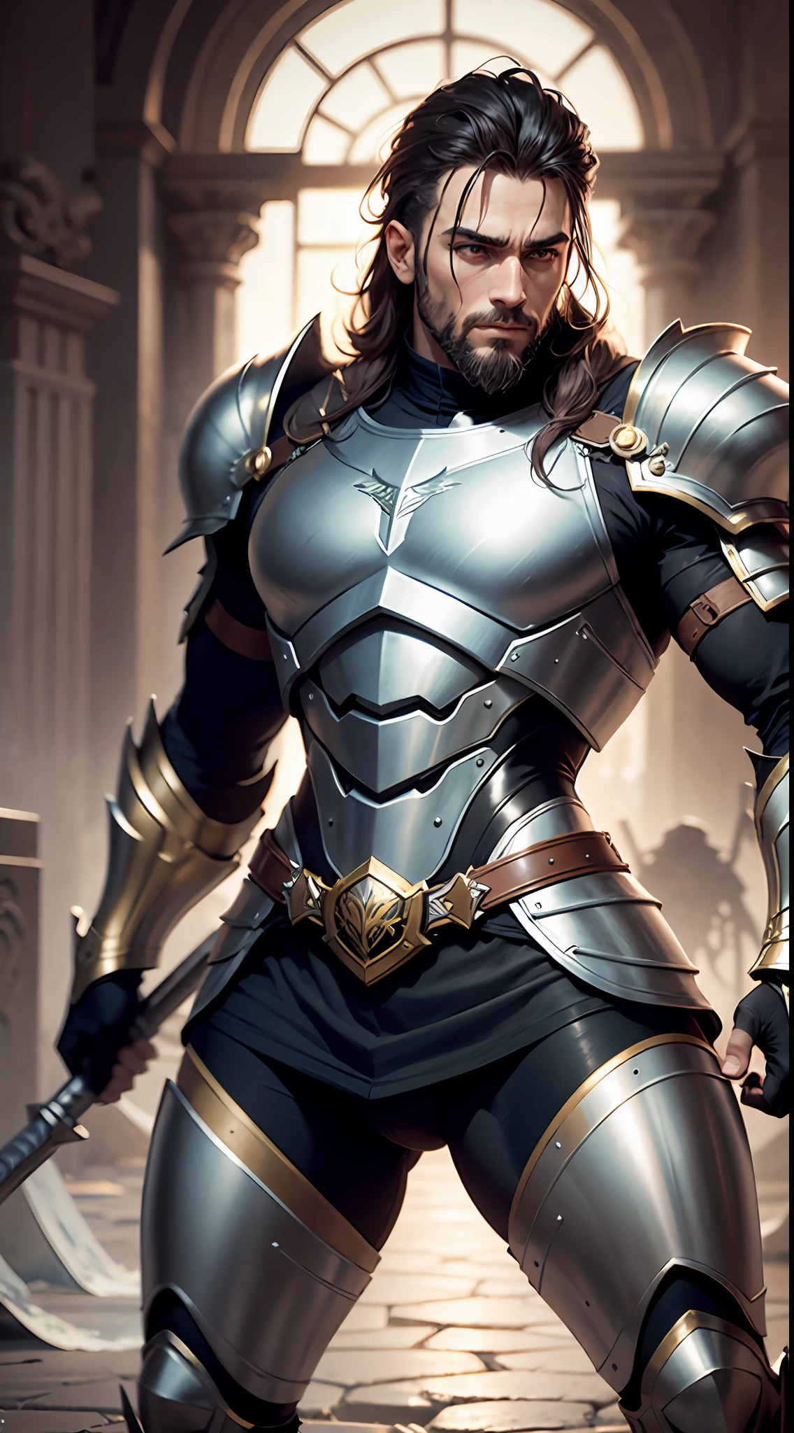 imagem ultra realista , HDR MAIS , real lighting , Motor Unreal 5 , Ultra Resolution Medium Man Leather Armor , Cores preto e dourado , 35 anos , Athletic Fitness Goals , barba cheia e grande , cabelo ruivo grisalho , vestimentas de Rei , Rei de armadura de couro , Ancient Greece ,espadas e escudos, base corporal Rei Arthur, fighting position