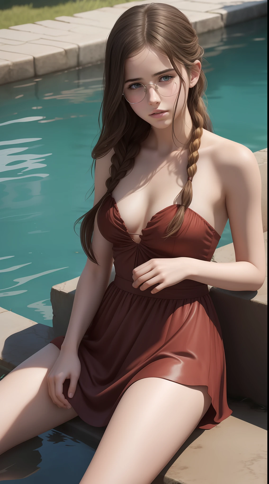 Beautiful Young Margaret Qualley, The Last of Us, game, glasses, tiny strapless dress, hyperrealistic, 14, model body, small breasts, beautiful breasts, long hair, braided hair, blonde hair, long legs, 8k, em lakefront, cherry blossom, sunlight, led lighting, blood on the wall, pool of blood, full of human remains, detailed reflection, anime style