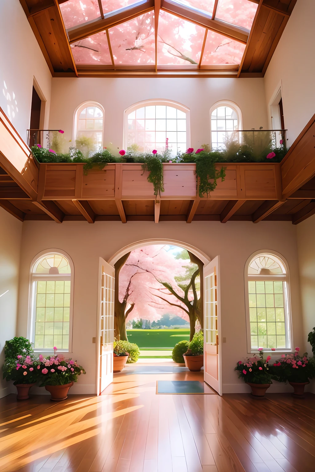 The interior view of a bright, spacious modern house with floor-to-ceiling pink and brown tinted windows that allow natural light to pour inside. Through the tall arched windows is a vista of the home's lush garden filled with flowers. Vibrant pink peonies, yellow daffodils, purple lavender, and red roses sway gently in the breeze. Sunlight streams in, illuminating the warm wood floors and white interior walls. The focal point of the vista is a large cherry blossom tree in full pink bloom next to a tranquil koi pond surrounded by stone pathways. The windows provide an unobstructed panoramic view of this colorful floral paradise, creating a peaceful indoor oasis immersed in nature's beauty. The pink and brown color scheme of the architecture blends seamlessly with the garden's palette for a holistic aesthetic.