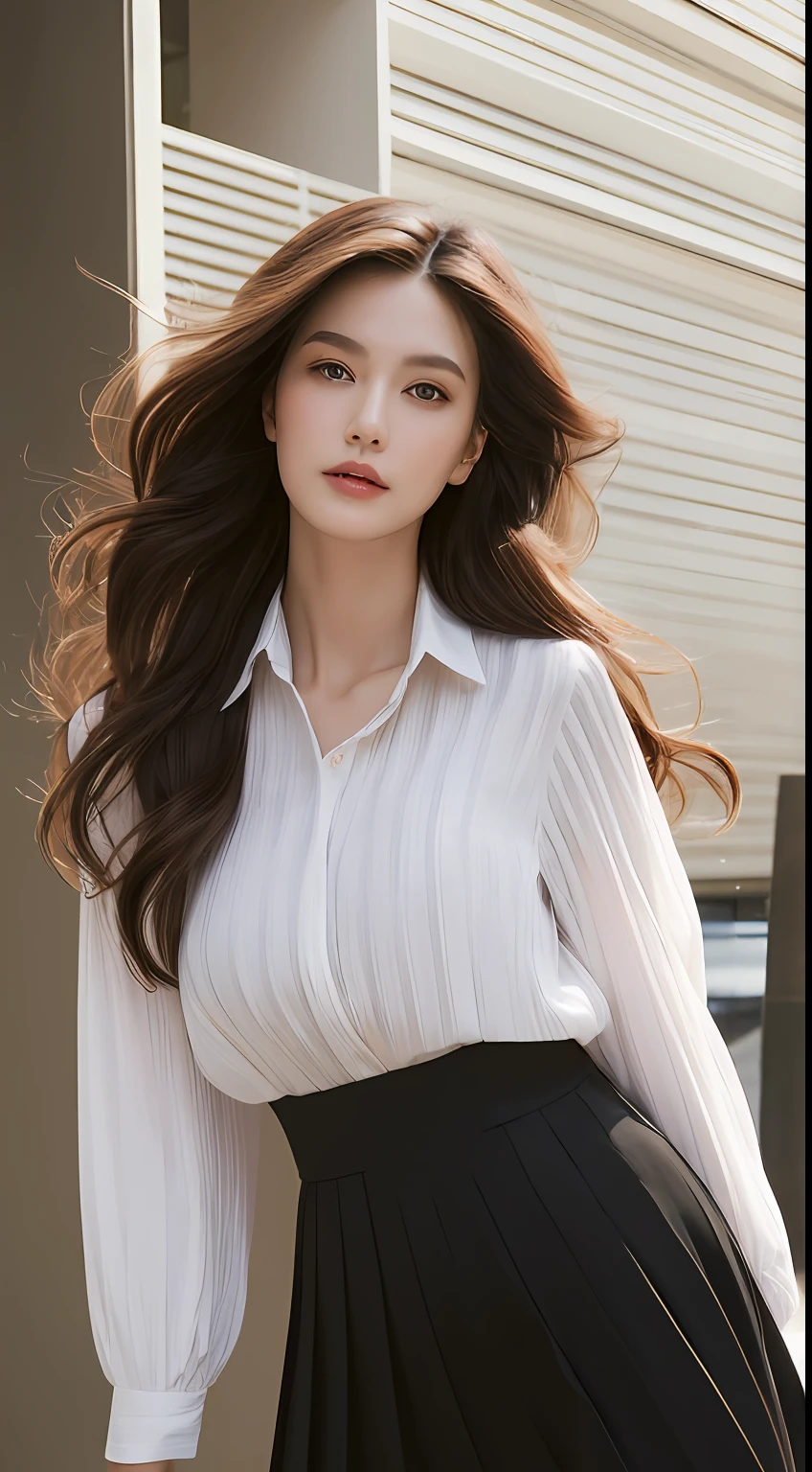 (Best quality, High resolution, Masterpiece :1.3), A tall and pretty woman, Slender abs, Dark brown hair styled in loose waves, Breasts, White button up shirt, Black pleated skirt, (Modern architecture in background), Details exquisitely rendered in the face and skin texture, Detailed eyes, Double eyelid