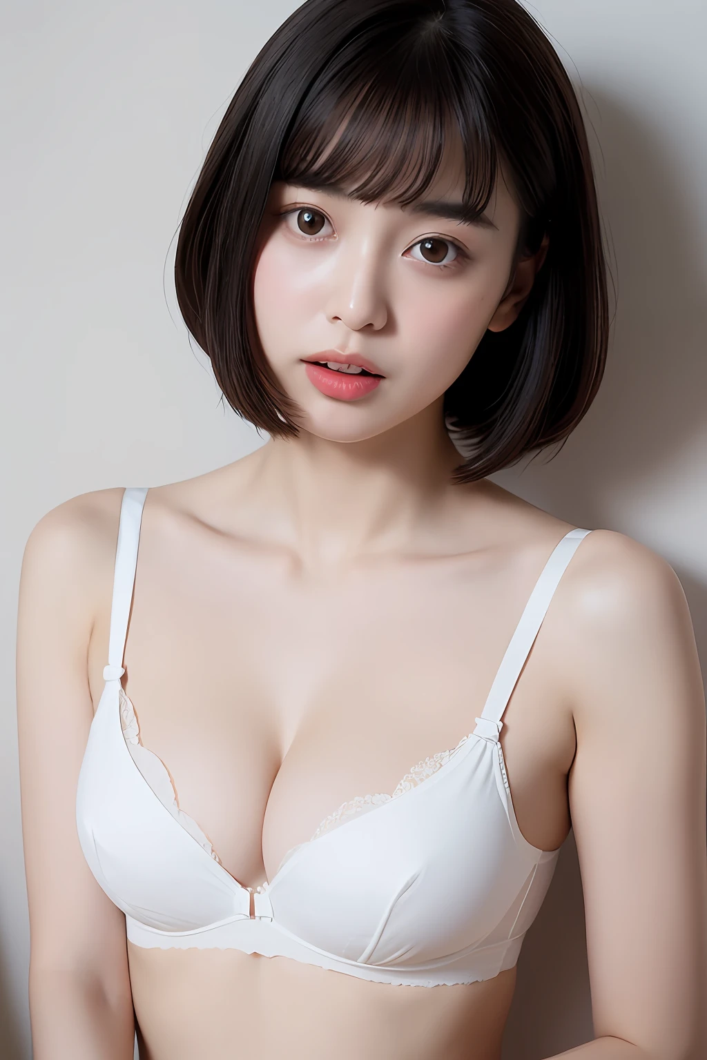 breasts, view straight on, leaning_Forward, Petite, girl,Woman,Female, 年轻,20 years old, Short hair, Bangs, Black hair, Beautiful face, ;P, Heart-shaped_Pupils, tongue, cleavage, white_Dress, Bra, cleavage_cutout, hight resolution,Small devil