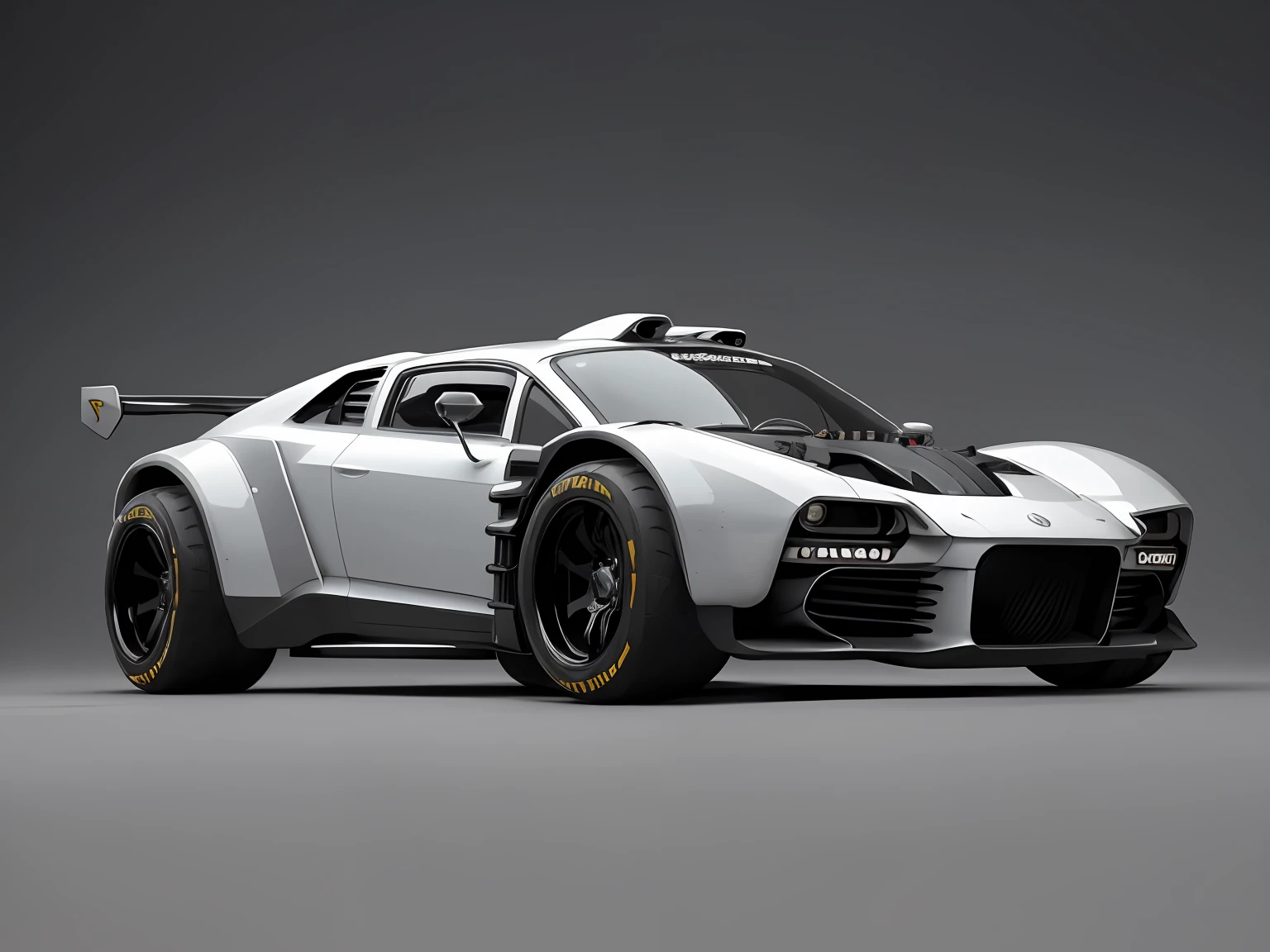 a front view 3/4 de ((futuristic cyberpunk hotrod zeekars)) (com pneus brilhantes), no estacionamento, Volkswagen, gol GT, cor branco.