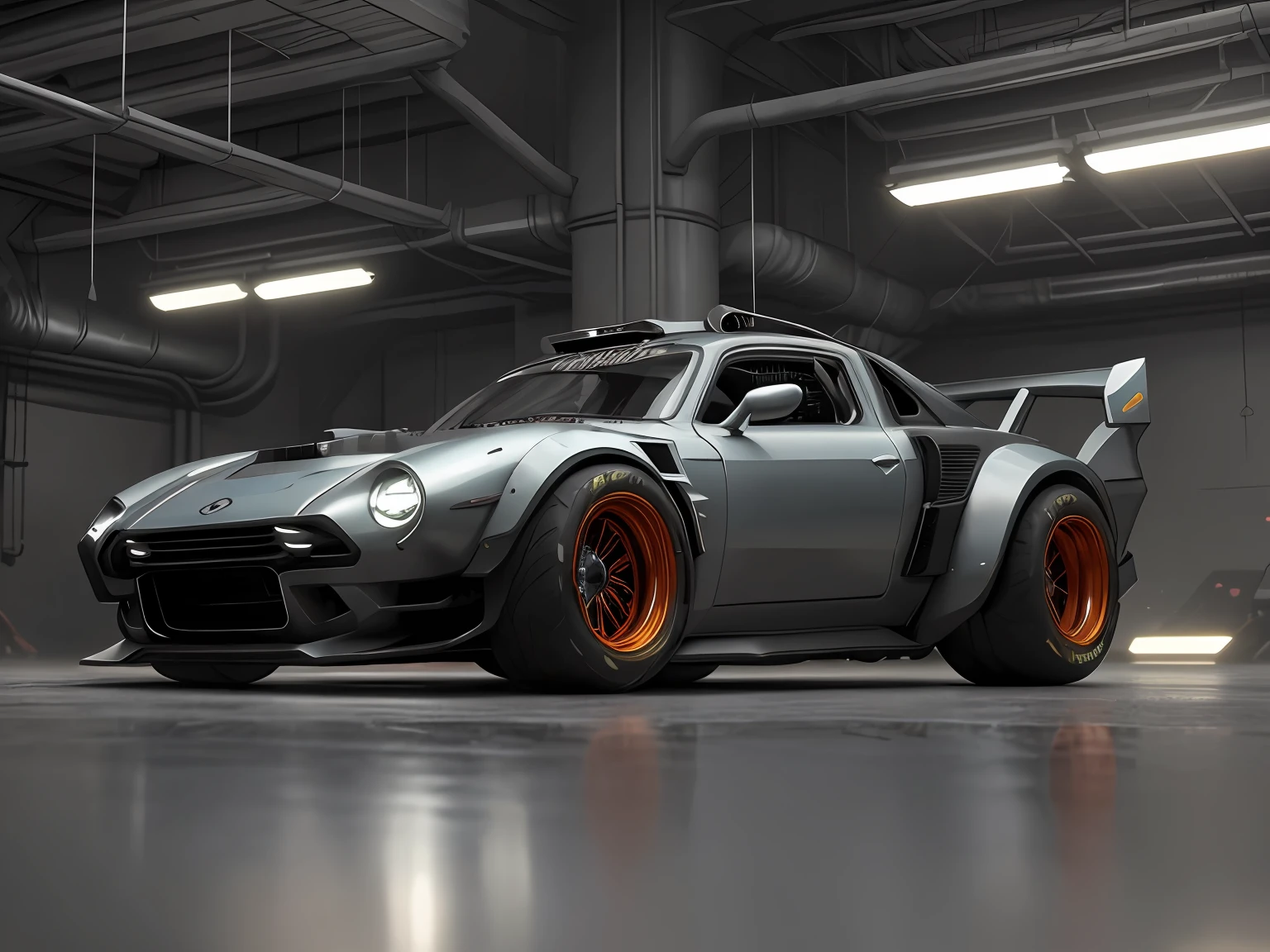 a front view 3/4 de ((futuristic cyberpunk hotrod zeekars)) (com pneus brilhantes), no estacionamento, Volkswagen, gol GT, cor branco.