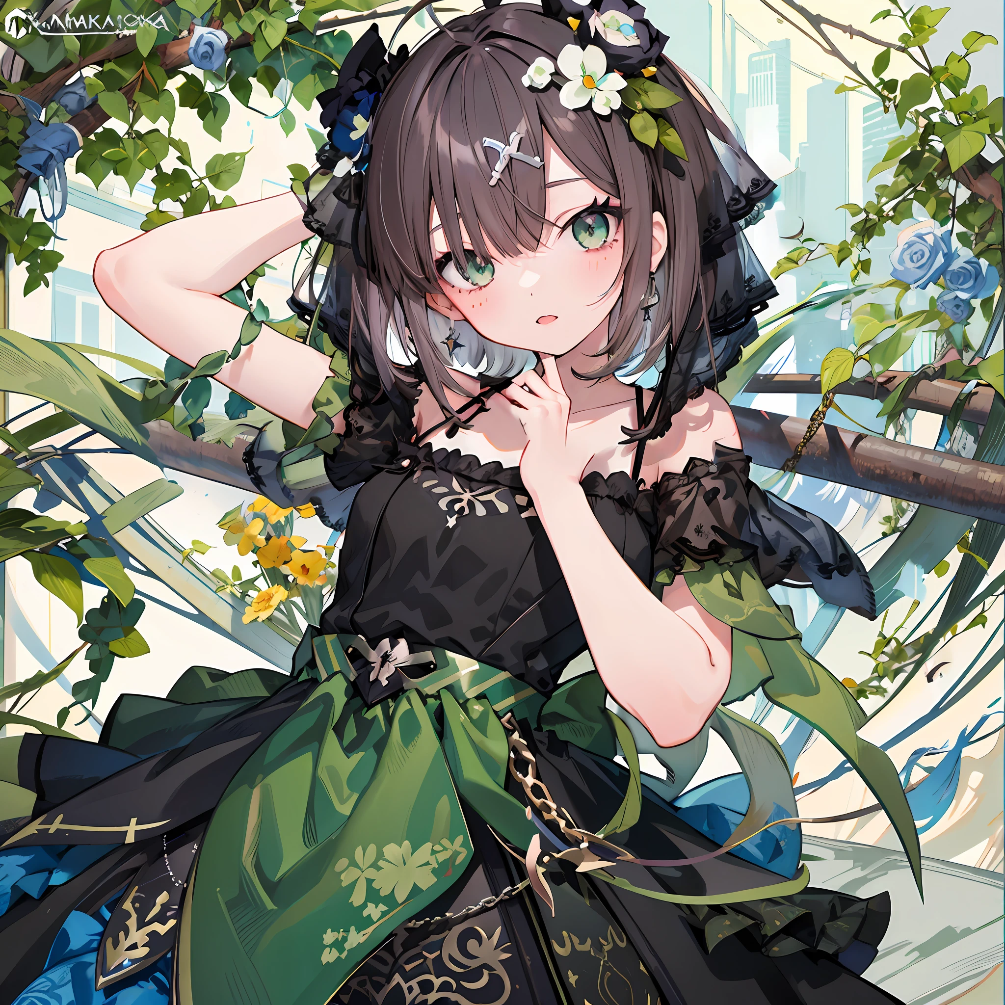 Slender hands, green plant decorations, black slip dress, short hair