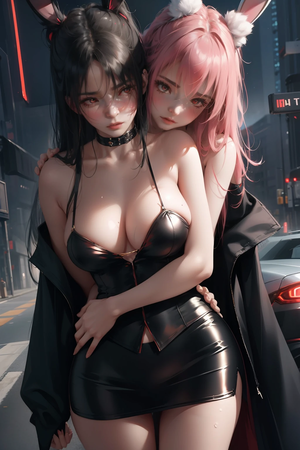 2 girl hugging, black and red skirt, short clothes, breasts, cleavage, golden eyes, ray tracing, very long hair, masterpiece, hair between eyes, blush, NSFW, sexy, dynamic poses, wet, bunny ears, bunny tail, highly detailed, cyberpunk suit