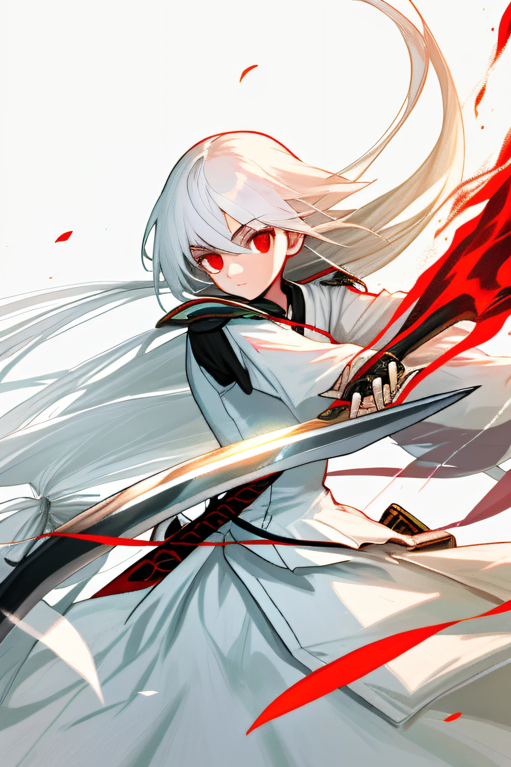 Female swordsman，mini sence，Long white hair，Red sword，white  clothes