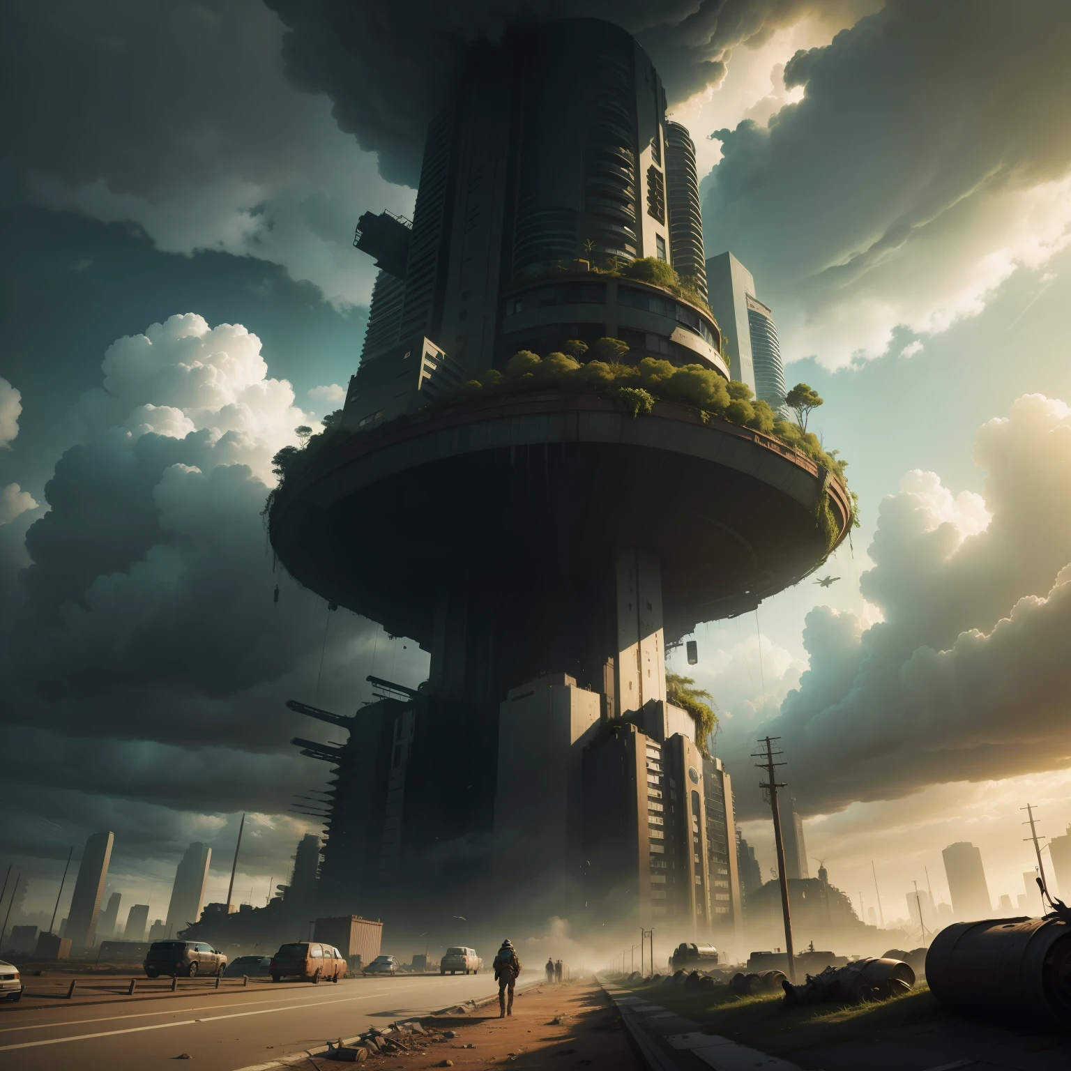 postapocalyptic city overruled by plants and animals, heavy clouds, ground perspective