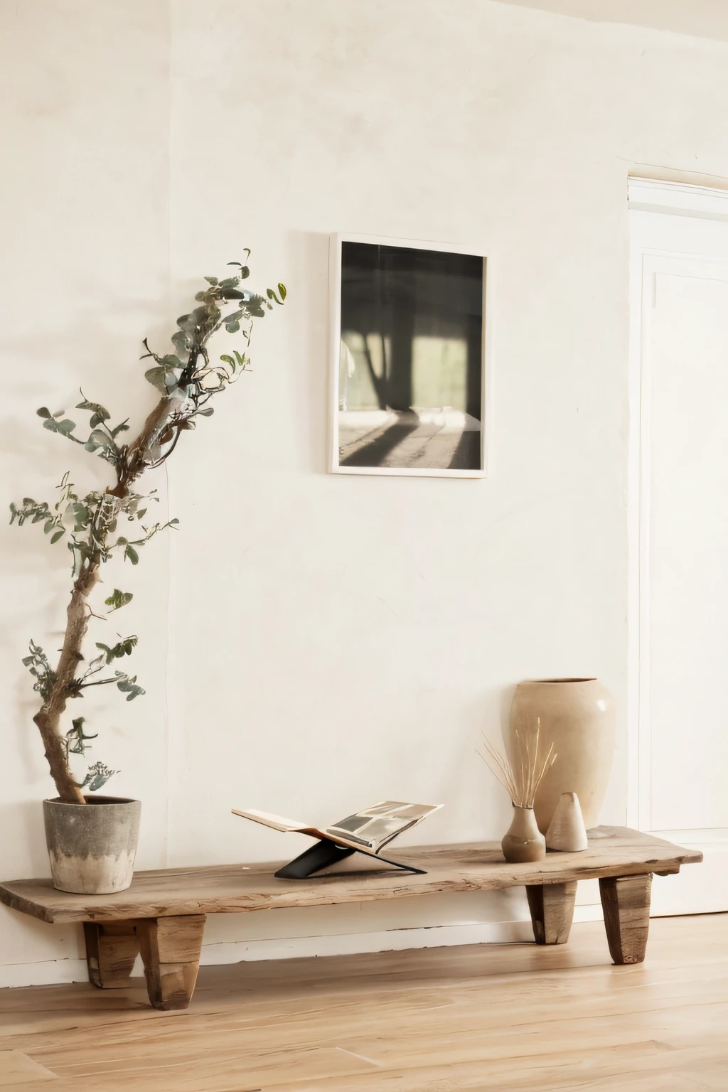 There is a wooden bench with a plant in a pot on it, poster composition, nice composition, Natureza morta com vaso branco, Foto interior brilhante da luz do dia, imagem limpa, arte mista, printf, sophisticated composition, clean composition, uma imagem, Sol da tarde, highly detailed composition, Estilo escandinavo, unusual composition, Luz da tarde, vinheta, areia - paredes coloridas