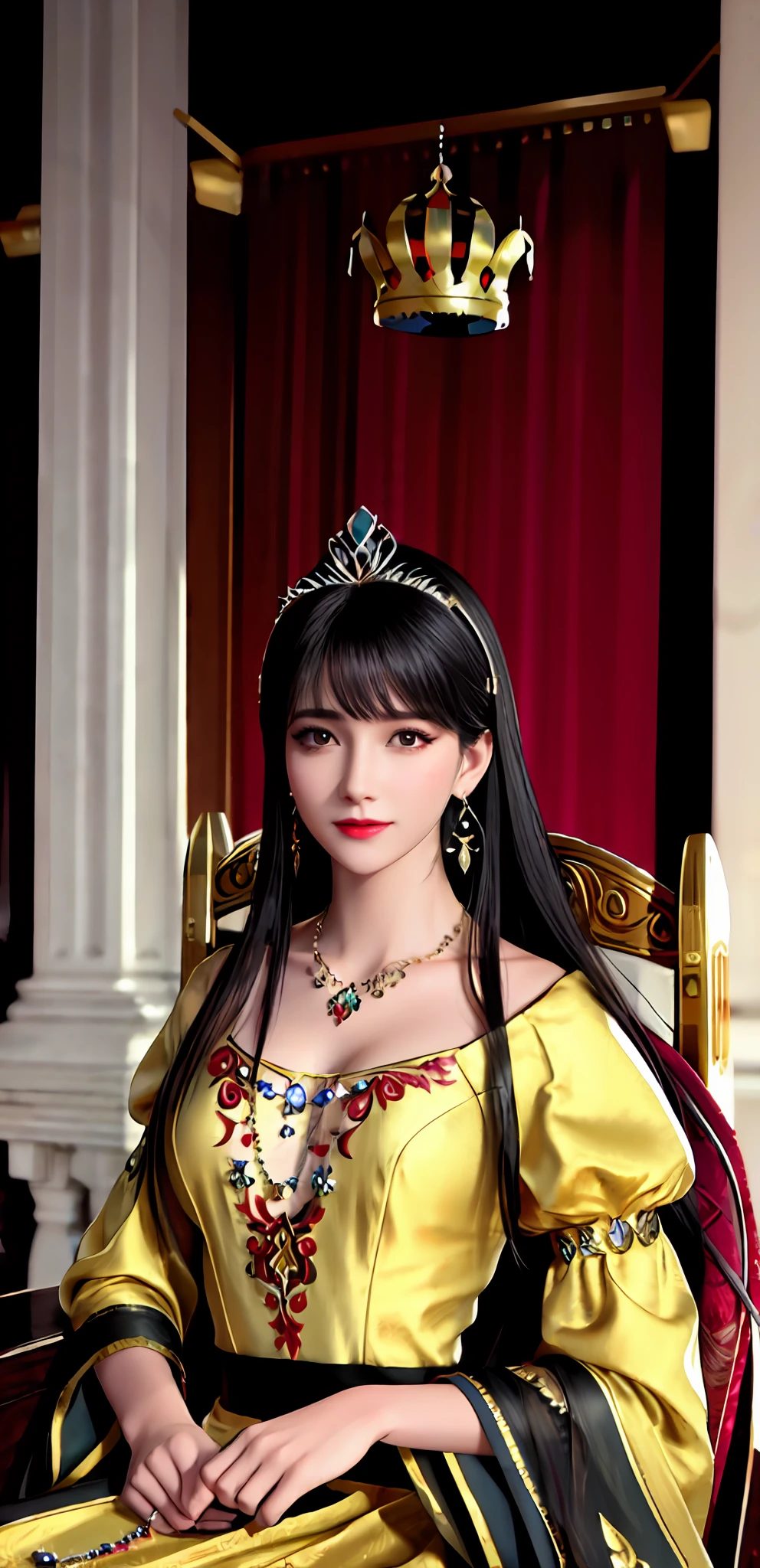 (realisticity: 1.2), ((best resolution: 8K UHD)), best quality, high quality, masterpiece, highres,cg,
1 super detailed girl, super detailed queen
, sitting on a super detailed royal throne, lud, xurious royal palace background, beautiful and detailed, super detailed long hair, wearing a beautiful and luxurious crown with diamonds and super detailed,
super detailed dress, Super detailed dress sleeves, super detailed beautiful earrings, Beautiful and beautiful necklace full of super detailed diamonds,
solo, jewelry, super detailed red and yellow dress, pretty face, beautiful, and super detailed,
, earrings, super detailed hairdo, splashing, the upper body is very super detailed, super detailed hair bun, super detailed black hair,
lighting,candid,Photograph,high resolution, 8k,Bokeh,