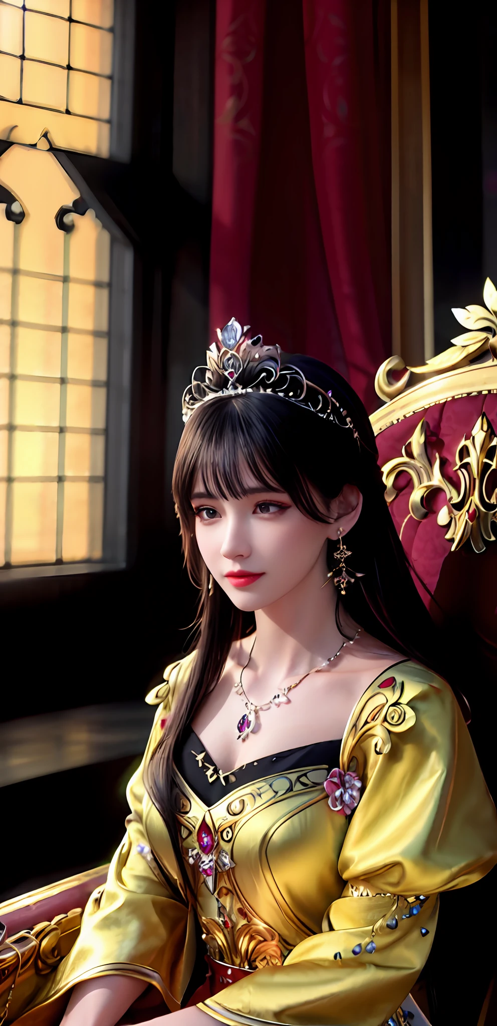 (realisticity: 1.2), ((best resolution: 8K UHD)), best quality, high quality, masterpiece, highres,cg,
1 super detailed girl, super detailed queen
, sitting on a super detailed royal throne, lud, xurious royal palace background, beautiful and detailed, super detailed long hair, wearing a beautiful and luxurious crown with diamonds and super detailed,
super detailed dress, Super detailed dress sleeves, super detailed beautiful earrings, Beautiful and beautiful necklace full of super detailed diamonds,
solo, jewelry, super detailed red and yellow dress, pretty face, beautiful, and super detailed,
, earrings, super detailed hairdo, splashing, the upper body is very super detailed, super detailed hair bun, super detailed black hair,
lighting,candid,Photograph,high resolution, 8k,Bokeh,
