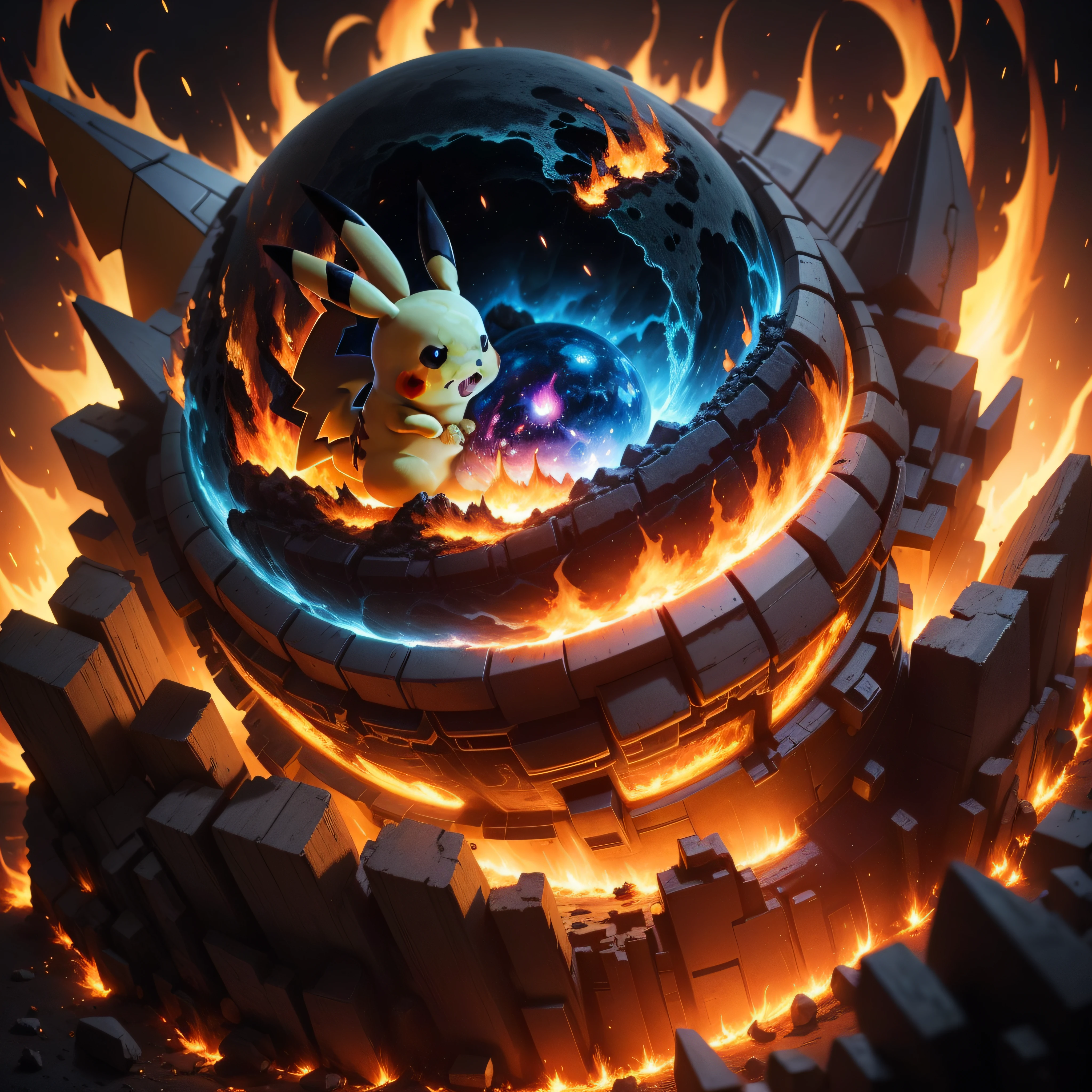 masterpiece, best quality, illustration, 8k, Pikachu destroying the earth, beautiful detailed glow,(flames of war:1.2), detailed lighting, (beautiful detailed eyes:1.1),evil expression