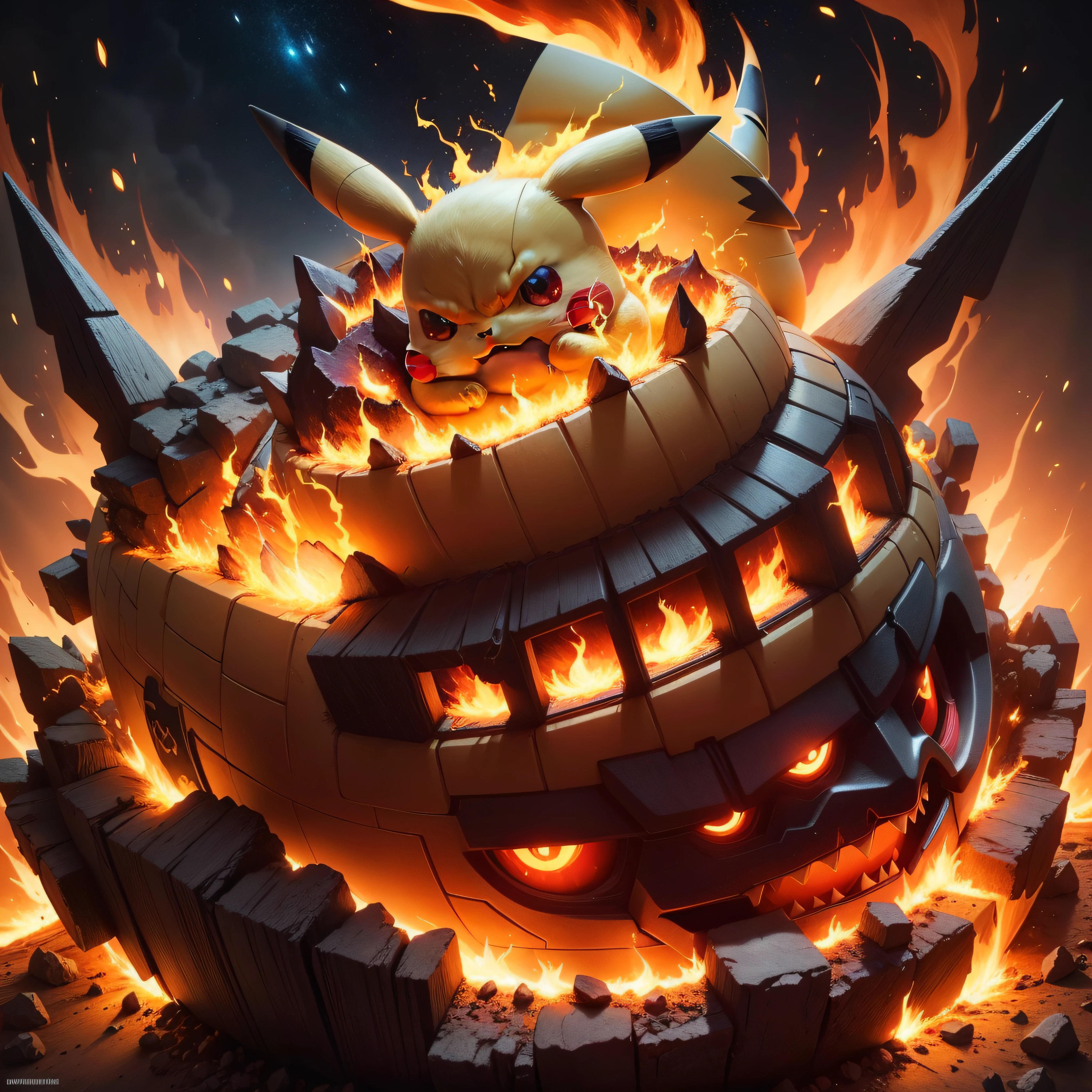 masterpiece, best quality, illustration, 8k, Pikachu destroying the earth, beautiful detailed glow,(flames of war:1.2), detailed lighting, (beautiful detailed eyes:1.1),evil expression