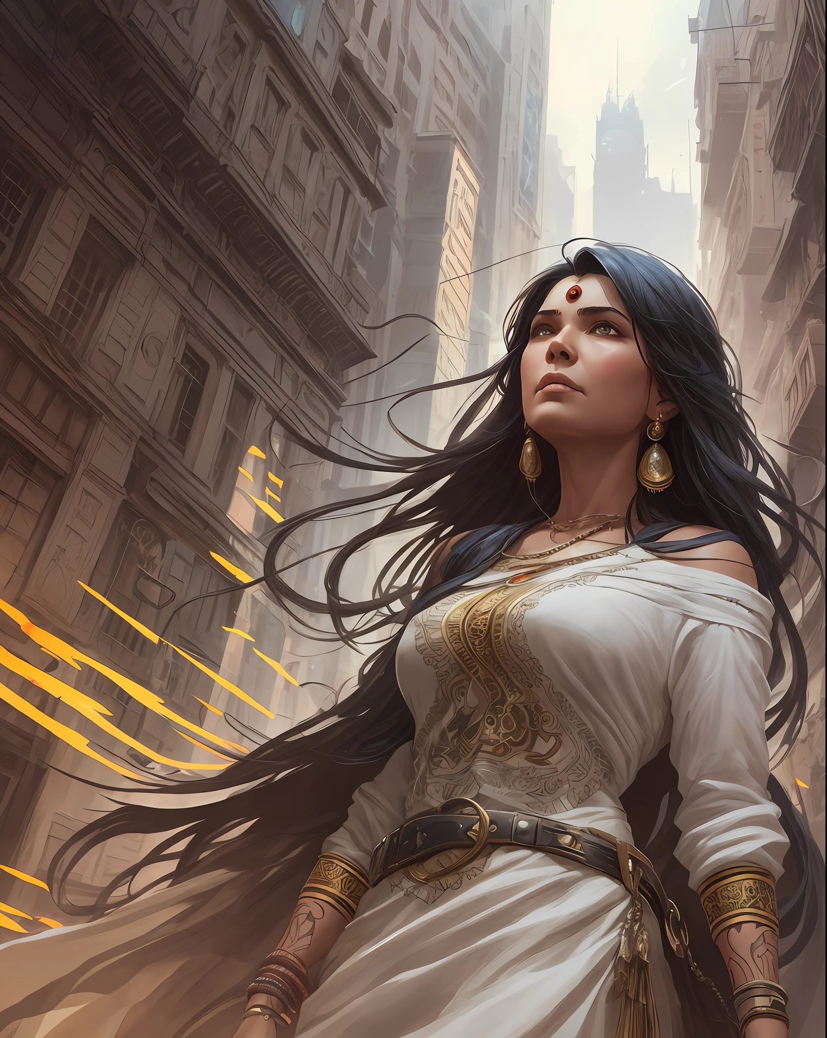Indian market, white linen dress, front game card, drark, marvel comics, dark, intricate, highly detailed, smooth, artstation, digital illustration by ruan jia and mandy jurgens and artgerm and wayne barlowe and greg rutkowski and zdislav beksinski --auto --s2
