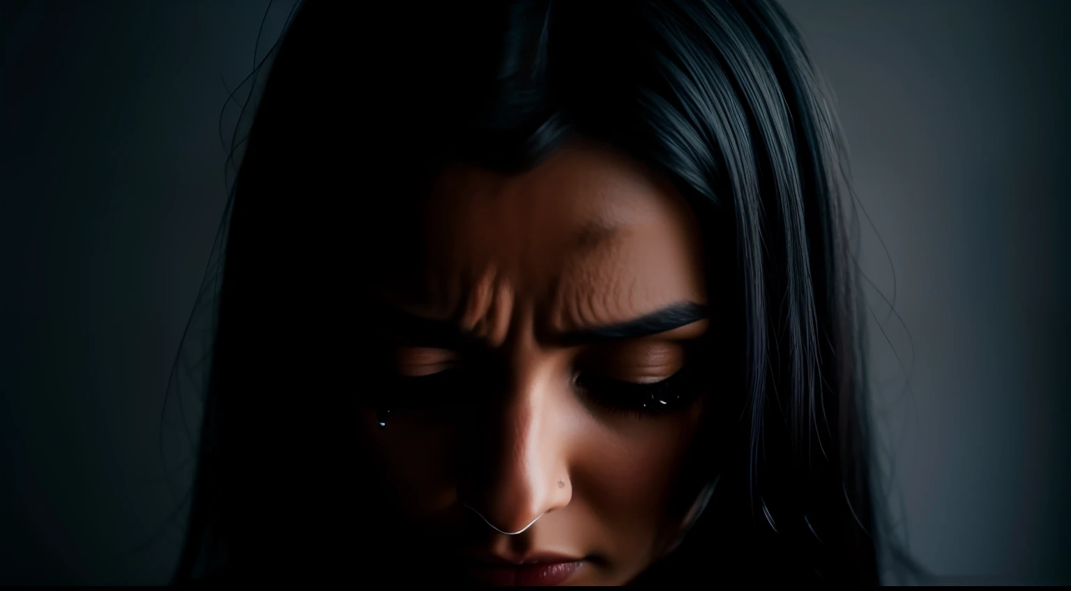 sad pregnant woman, with black tears in her eyes