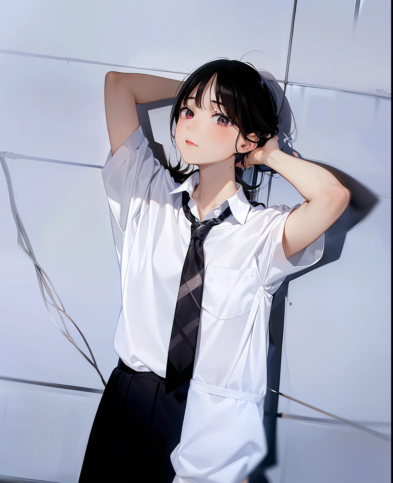 there is a woman wearing a tie and a white shirt, seifuku, chiho, shikamimi, wearing white shirt, sui ishida with black hair, tied - up shirt, clothed in white shirt, wearing in shirt, shiori teshirogi, hana yata, wearing a shirt with a tie, kimi takemura, jk uniform