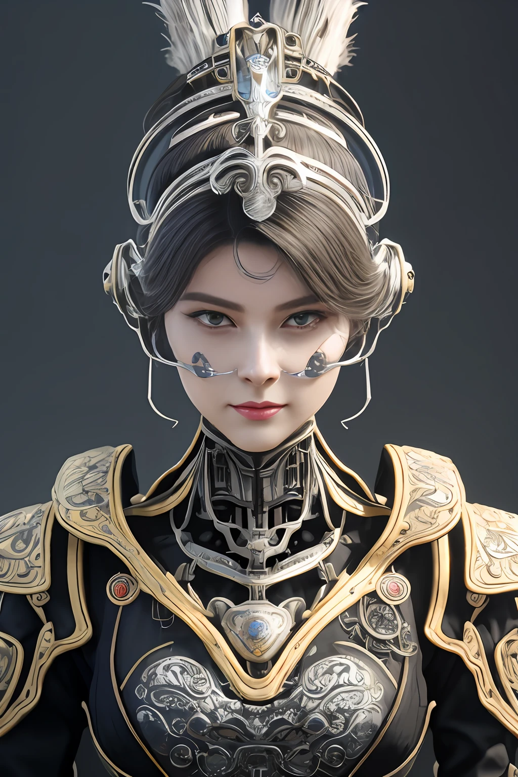 Intricate 3d rendering of highly detailed beautiful ceramic silhouette female robot face, cyborg, robotic parts, 150 mm, beautiful studio soft light, rim light, vibrant details, luxury cyberpunk, lace, surreal, anatomy , Facial Muscles, Cable Wires, Microchip, Elegant, Beautiful Background, Octane Rendering, HR Giger Style, 8k, Best Quality, Masterpiece, Illustration, Very Delicate and Beautiful, Very Detailed, CG, Uniform, Wallpaper, (fidelity, fidelity: 1.37), amazing, fine detail, masterpiece, best quality, official art, very detailed cg unity 8k wallpaper, absurd, unbelievably absurd, robot, silver helmet, full body , sit and write