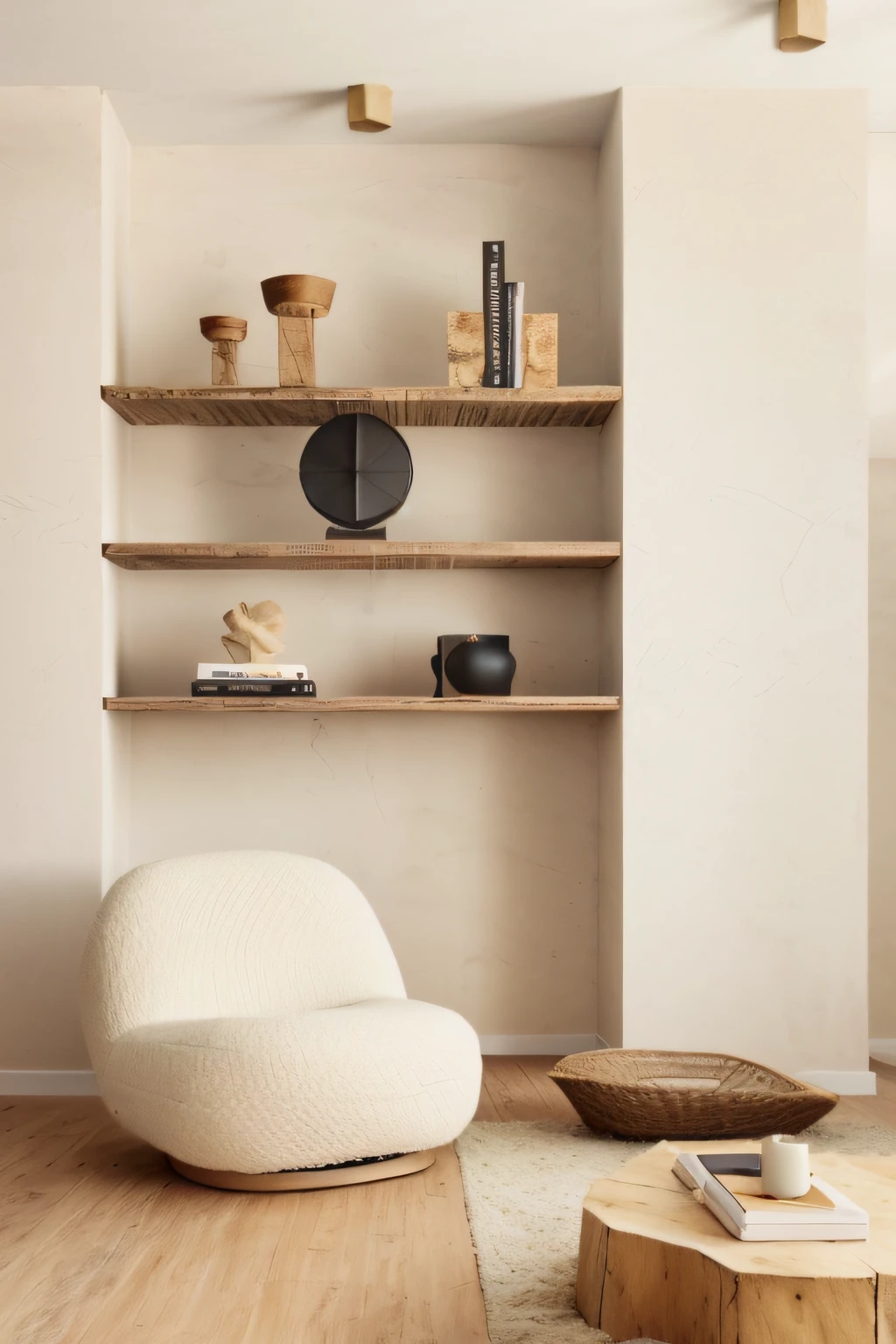 There is a white chair and a wooden table in one room, inspirado em Isamu Noguchi, prateleiras de madeira simples, formas arredondadas, vasos e um busto de gesso, Prateleiras, Cyclades! estilo escultural, detalhes em madeira, variedade de formas e texturas, Atmosfera bege e escura, minimalista e bonito, Furniture and decoration, areia - paredes coloridas, interiores quentes