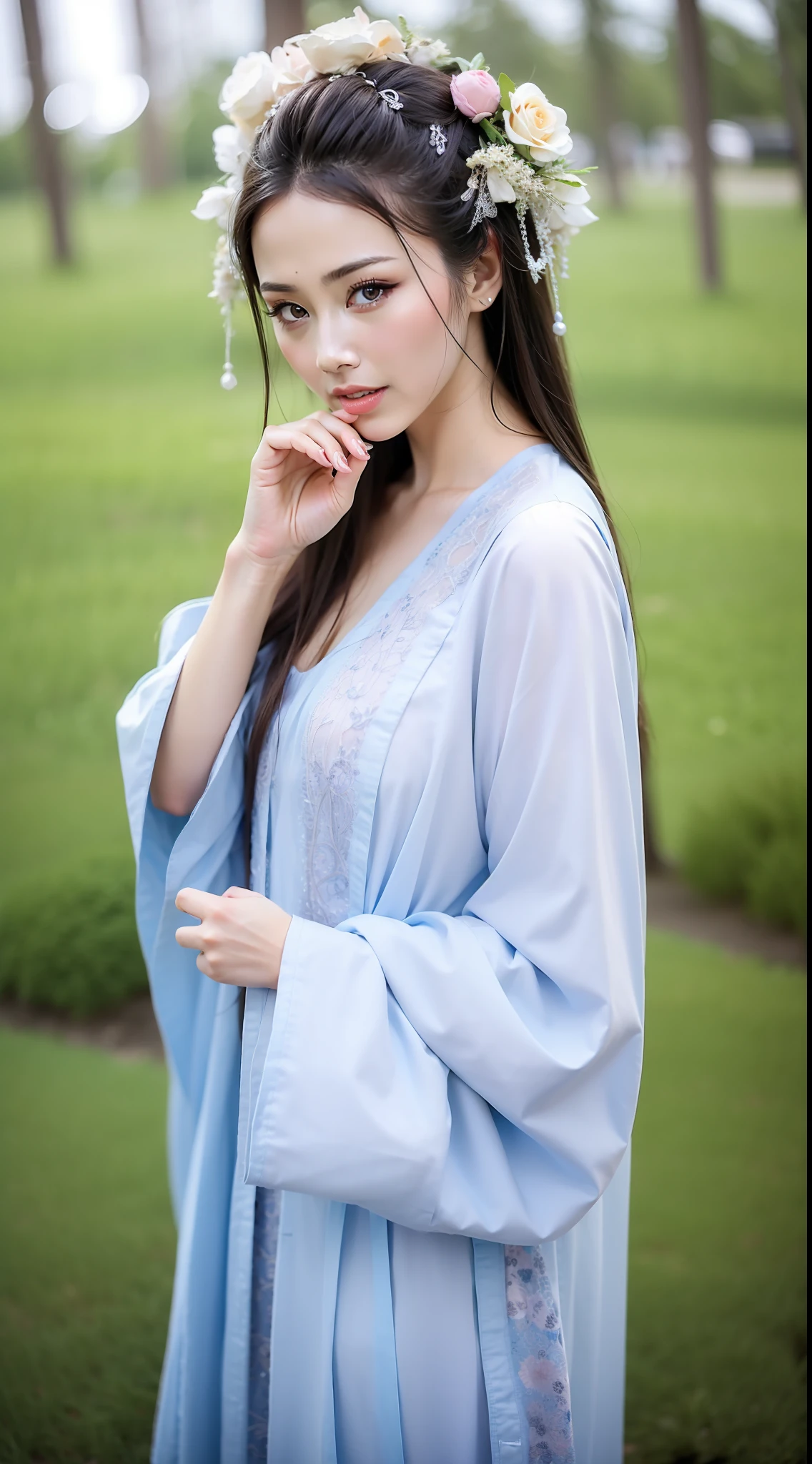 Fashion model 14 years old [[[[closeup cleavage]]]], [[[[boobgasm]]]], [[[[coll]]]], [[[[bshoulders]]]], perfect  eyes, Perfect iris，Perfect lips，perfect teeth，Perfect skin，Long face，slender nose，Soft front light，hdr，Movie girl，The background is grass and flowers，（pastel colour：1.2）