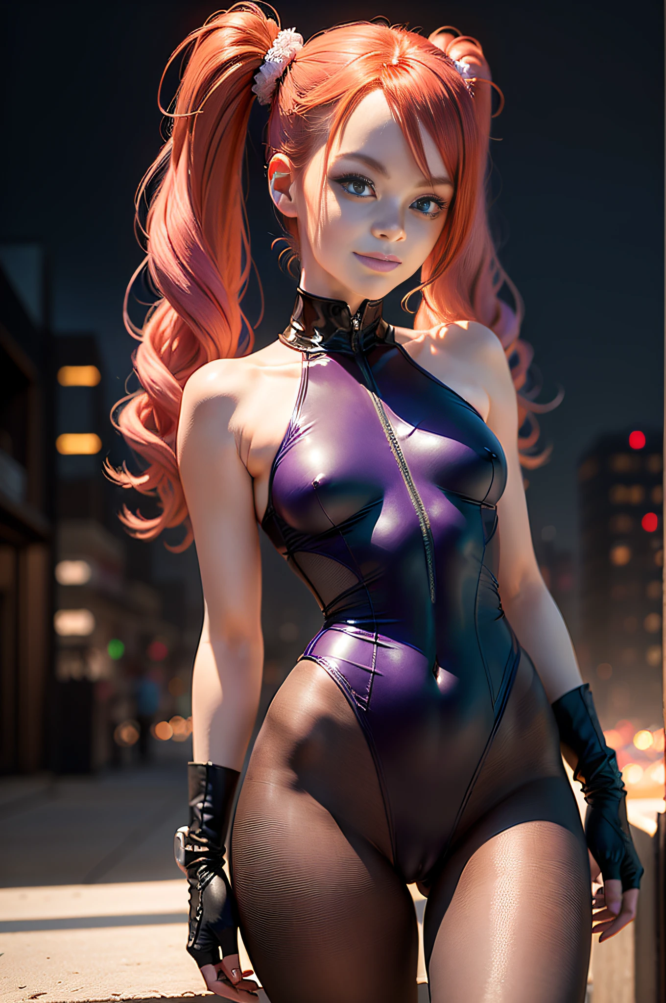 ((EmmaStone)) 1 girl, solo, (nsfw), (cute 16-year-old redhead EmmaStone in twin tails), Ukrainian, multiple (luminous rainbow colored hair: 1.2), ((perfect body: 1.6)) (beautiful detailed eyes: 1.6), (photo realistic eyes: 1.6), (ice-blue, "Emma Stone" type, eyes: 1.6), happy and smiling, (petite gymnast body), ((gymnast body, beautiful full round breasts, small head, dainty hands: 1.6)), (shy cute pose), (pale white skin), (camel toe), ((see through pastel purple cotton leotard: 1.6)), with (smooth pantyhose leotard: 1.6), (dark, tron style background), high tech, (wide angle lens), colorful neon lighting, ((very dark sky)), futuristic city, photo realistic, hyper detailed.