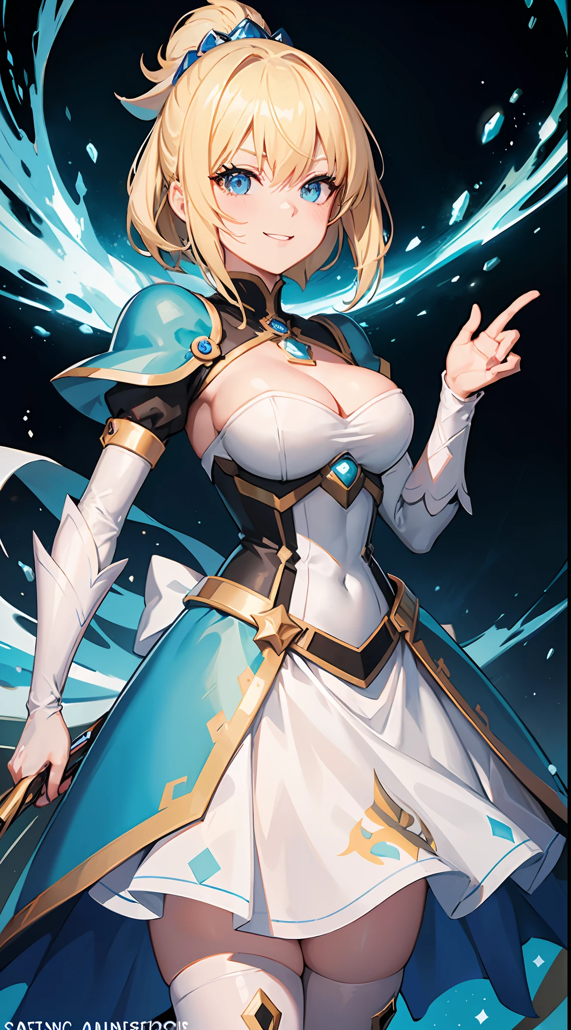 a close up of a person with cut blonde hair, konosuba, sarcastic smile, no watermark signature, saint woman, hyper dimension, inspired by Edwin Dickinson, tall thin beautiful goddess, meme template, neutron, antialiased, sarcastic, colors: yellow, uranium, perfect future, solo, large chested, she is wearong a white and gold suit of armor, decolletage