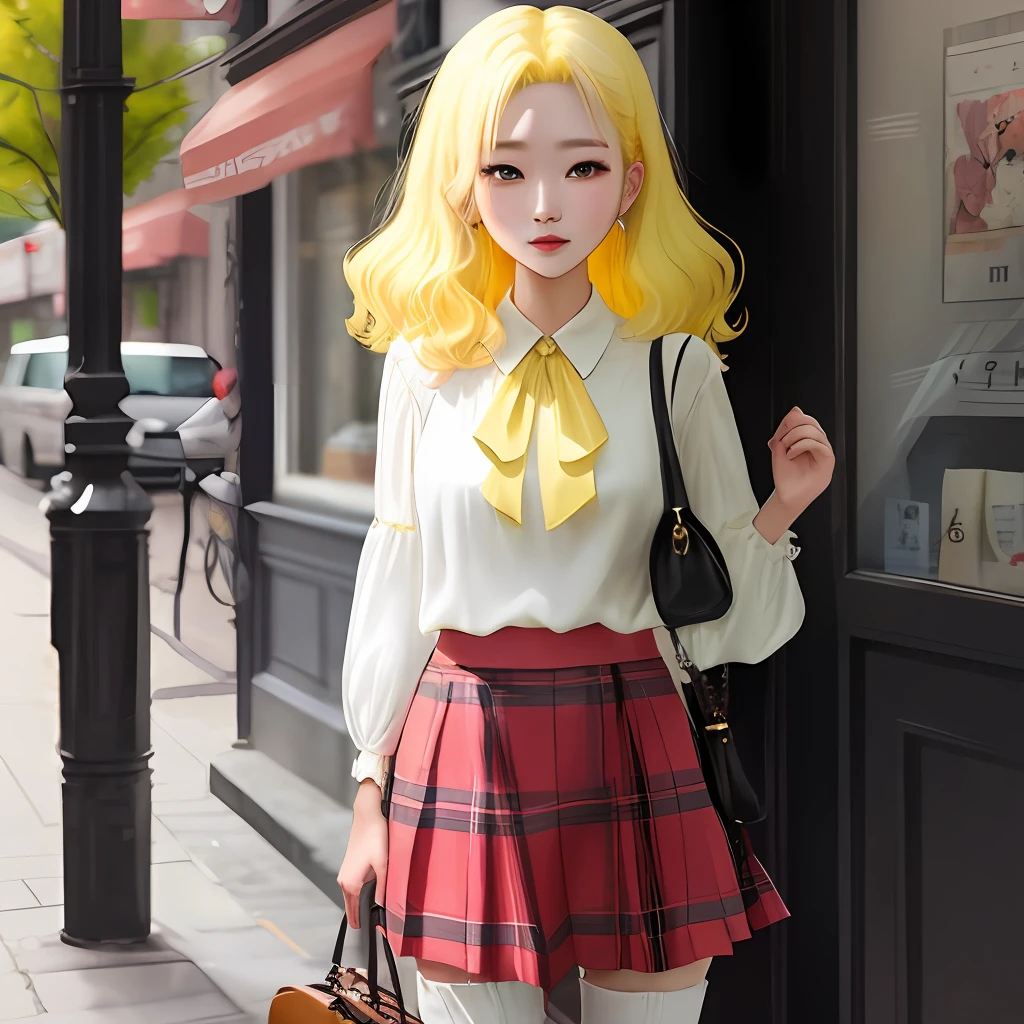 Wear kilts,Yellow hair,White color blouse,Kizi,