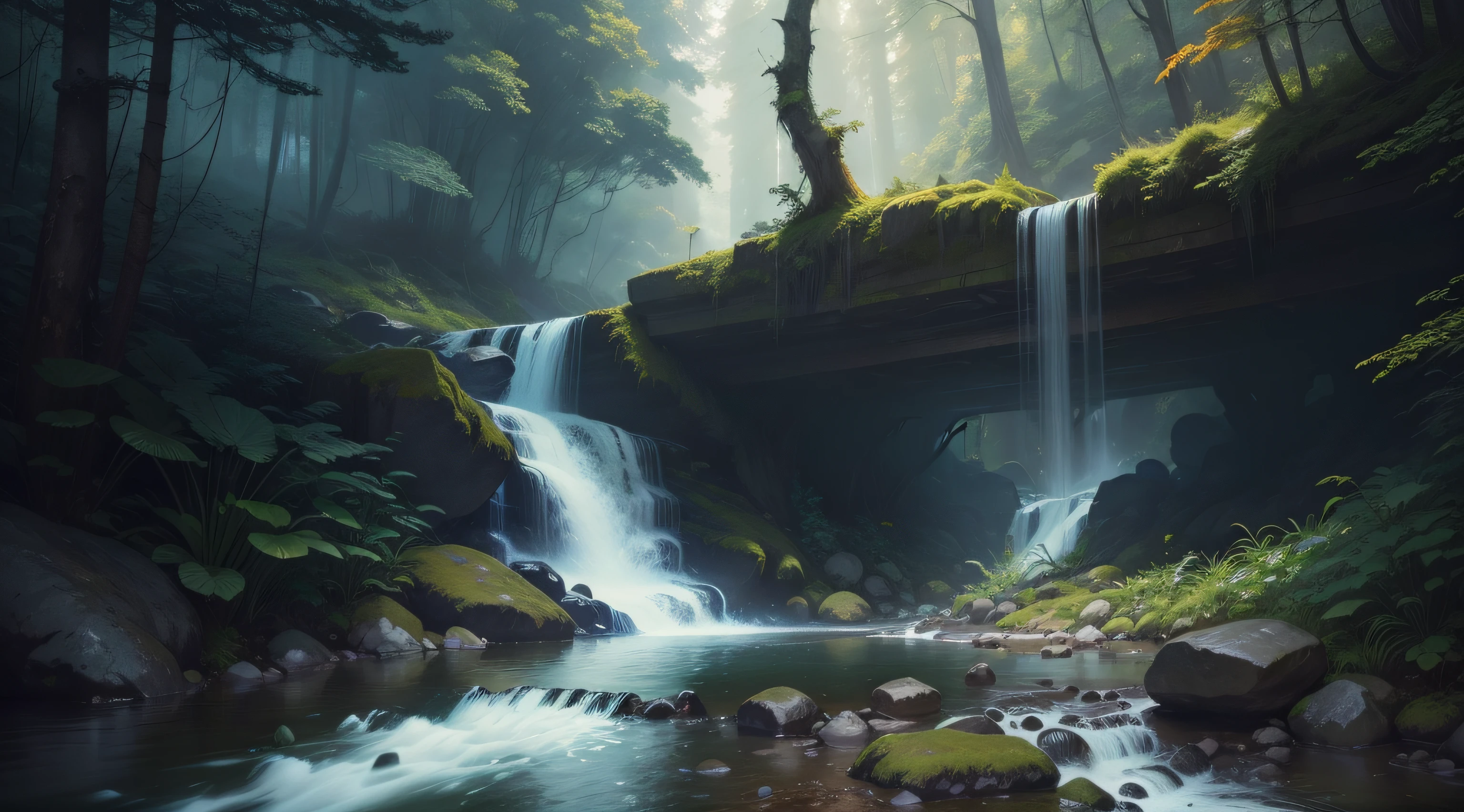 a painting of a stream in a forest with a waterfall in the background and a bright aurora bore above , chaingirldark style elegant, highly detailed, digital painting, artstation, concept art, matte, sharp focus, illustration, art by Artgerm and Greg Rutkowski and Alphonse Mucha