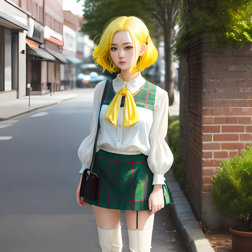 Wear kilts,Yellow hair,White color blouse,Kizi,