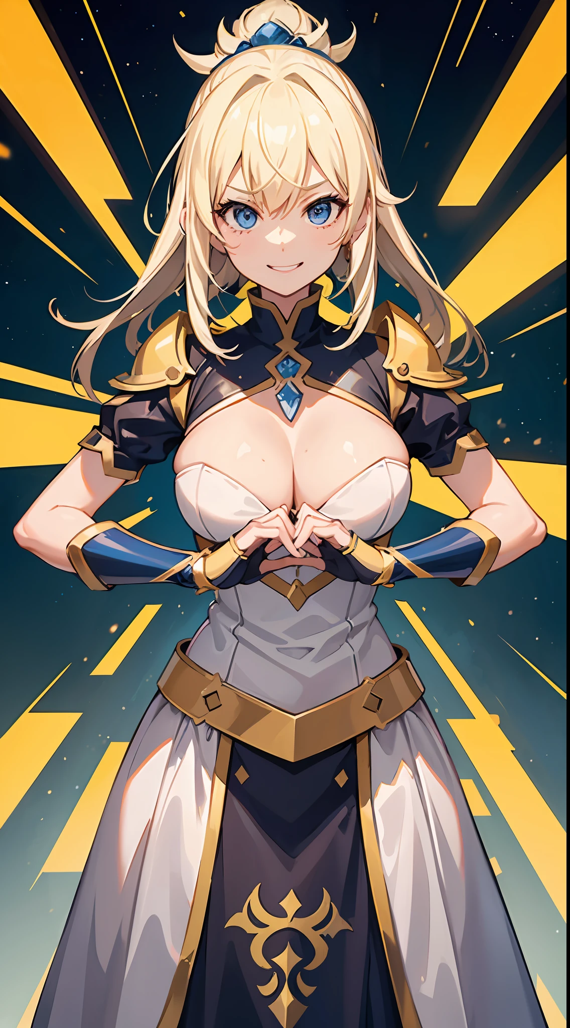 a close up of a person with  cut blonde hair, konosuba, sarcastic smile, no watermark signature, saint woman, hyper dimension, inspired by Edwin Dickinson, tall thin beautiful goddess, meme template, neutron, antialiased, sarcastic, colors: yellow, uranium, perfect future, solo, large chested, she is wearong a white and gold suit of armor, decolletage