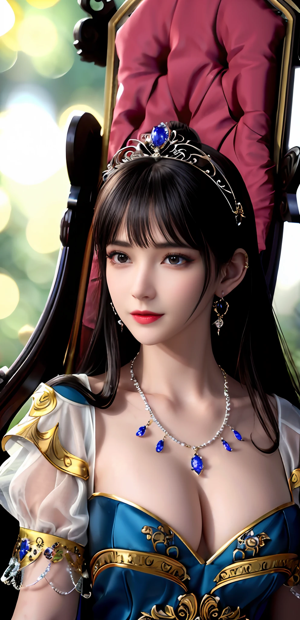 (realisticity: 1.2), ((best resolution: 8K UHD)), best quality, high quality, masterpiece, highres,cg,
1 super detailed girl, super detailed queen
, sitting on a super detailed royal throne, lud, xurious royal palace background, beautiful and detailed, super detailed long hair, wearing a beautiful and luxurious crown with diamonds and super detailed,
super detailed dress, Super detailed dress sleeves, super detailed beautiful earrings, Beautiful and beautiful necklace full of super detailed diamonds,
solo, jewelry, super detailed red and yellow dress, pretty face, beautiful, and super detailed,
, earrings, super detailed hairdo, splashing, the upper body is very super detailed, super detailed hair bun, super detailed black hair,
lighting,candid,Photograph,high resolution, 8k,Bokeh,