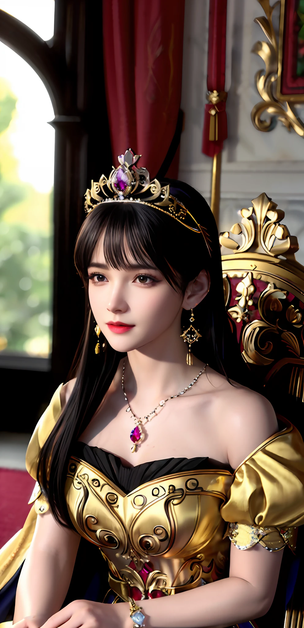 (realisticity: 1.2), ((best resolution: 8K UHD)), best quality, high quality, masterpiece, highres,cg,
1 super detailed girl, super detailed queen
, sitting on a super detailed royal throne, lud, xurious royal palace background, beautiful and detailed, super detailed long hair, wearing a beautiful and luxurious crown with diamonds and super detailed,
super detailed dress, Super detailed dress sleeves, super detailed beautiful earrings, Beautiful and beautiful necklace full of super detailed diamonds,
solo, jewelry, super detailed red and yellow dress, pretty face, beautiful, and super detailed,
, earrings, super detailed hairdo, splashing, the upper body is very super detailed, super detailed hair bun, super detailed black hair,
lighting,candid,Photograph,high resolution, 8k,Bokeh,