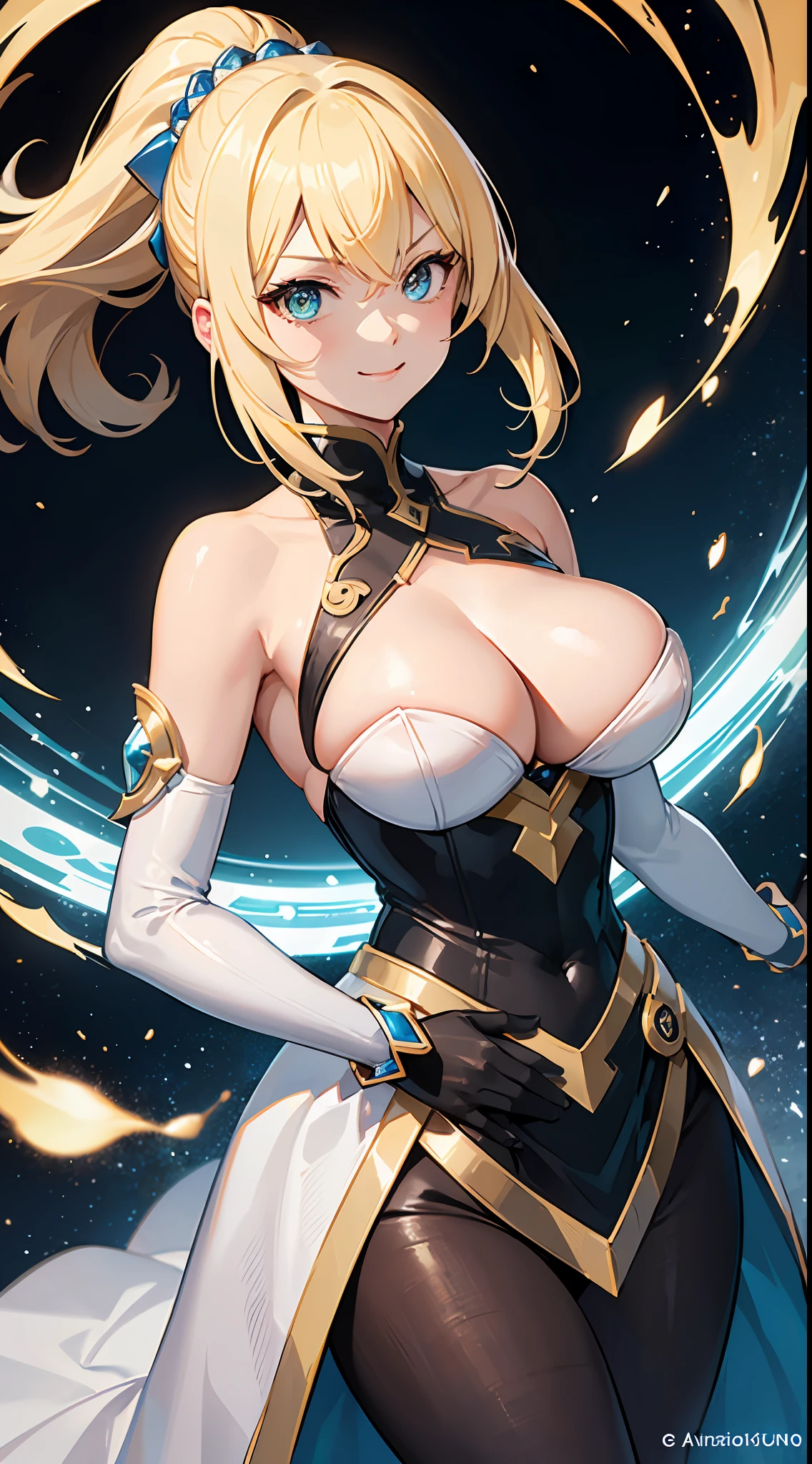 a close up of a person with cut blonde hair, konosuba, sarcastic smile, no watermark signature, saint woman, hyper dimension, inspired by Edwin Dickinson, tall thin beautiful goddess, meme template, neutron, antialiased, sarcastic, colors: yellow, uranium, perfect future, solo, large chested, she is wearong a white and gold suit of armor, decolletage
