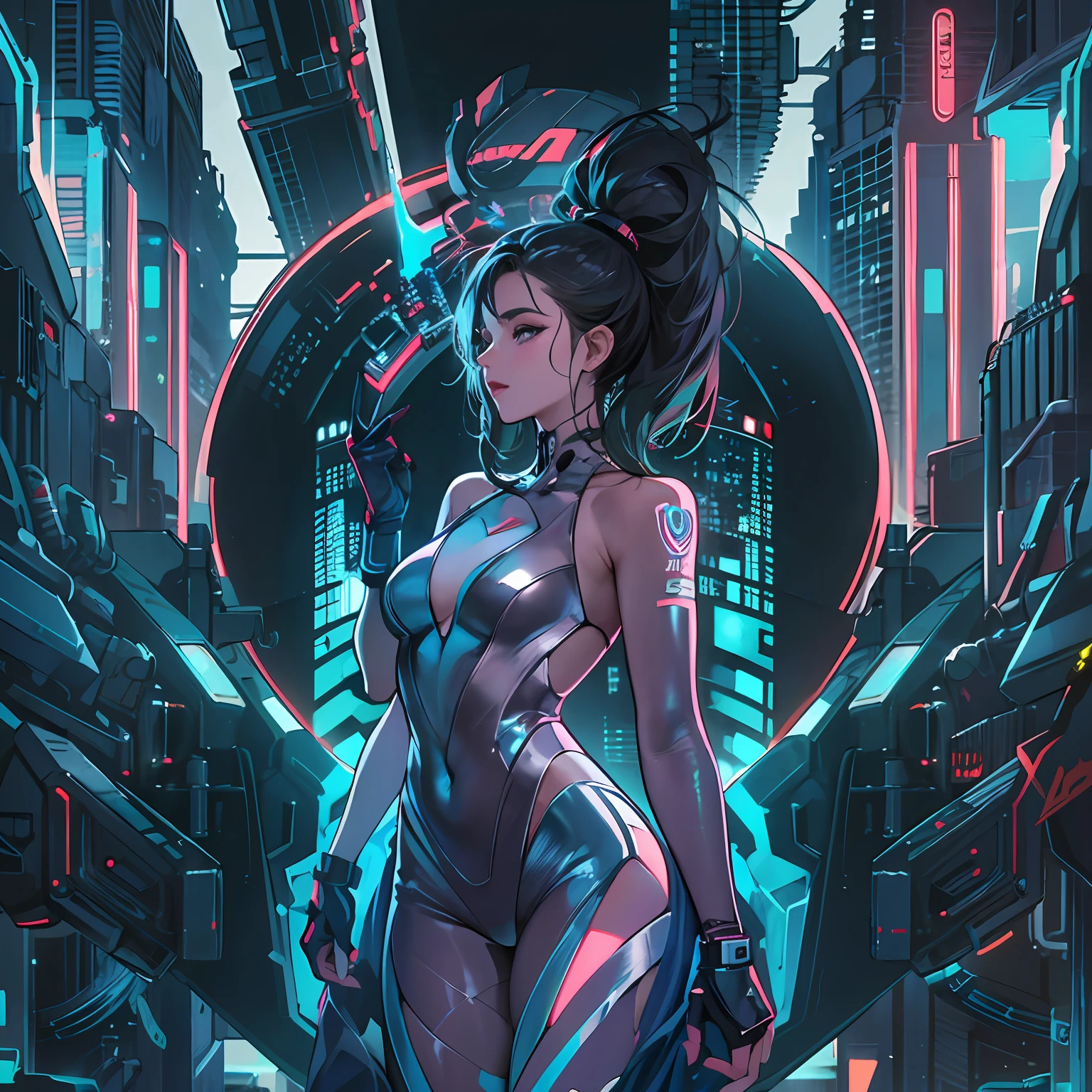 In this futuristic masterpiece, a woman of age 30 exudes an alluring and confident aura as a Futuristic Femme Fatale. The setting is a high-tech, cyberpunk-inspired world that seamlessly blends sleek modernity with a touch of dystopian edge.

Dressed in a stunning futuristic fashion ensemble, the woman is a visual marvel. Her attire is a symphony of textures and materials, blending metallic accents, holographic fabrics, and glowing LED patterns. Each detail is meticulously crafted, creating a sense of awe-inspiring artistry that draws the viewer in.

With an air of confidence, the woman stands amidst the urban sprawl of the cyberpunk city. Neon lights cast a vibrant glow on her features, illuminating her perfectly styled hair and enhancing the electric blue streaks that run through it. Her makeup is equally avant-garde, with holographic elements that catch the light and mesmerize the onlooker.

The Femme Fatale's gaze is intense and captivating, hinting at a world of secrets and intrigue beneath her enigmatic exterior. Her posture exudes confidence, a reflection of her command over the high-tech world she inhabits.

The cyberpunk setting comes alive with awesome detail. Holographic billboards and neon signs illuminate the streets, while hovering vehicles and drones add to the futuristic atmosphere. The architecture is a mix of sleek skyscrapers and gritty back alleys, painting a vivid picture of a world where technology and humanity collide.

Every inch of this image is a testament to the artist's skill, with awesome detail permeating every aspect. The reflection of the high-tech city in the woman's sharp shades, the intricate patterns of her clothing, and the reflections of neon lights on her metallic accessories all contribute to the overall stunning effect.

masterpiece captures the essence of the Futuristic Femme Fatale, presenting a woman of undeniable allure and power in a world where technology reigns supreme. The fusion of confidence, cutting-edge fashiion