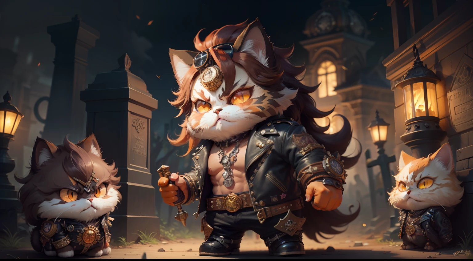 persian cat Anthropomorphic barbarian , steampunk ,, , studded leather jacket with intricate ornamentation orange and purple , pirate steampunk theme,, , highest quality,, very angry face, body fitness, full body, long hair with braids , at night in the cemetery with fireflies