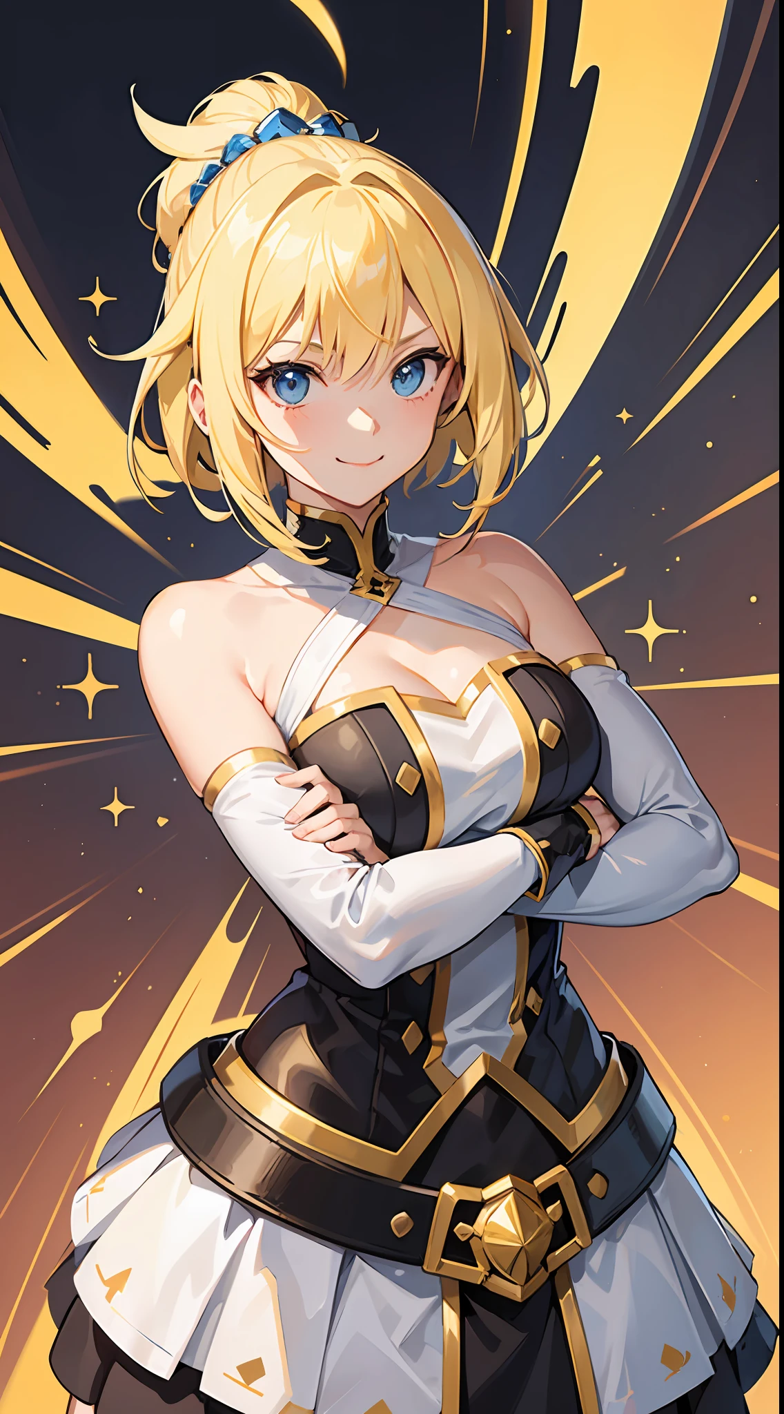 a close up of a person with cut blonde hair, konosuba, sarcastic smile, no watermark signature, saint woman, hyper dimension, inspired by Edwin Dickinson, tall thin beautiful goddess, meme template, neutron, antialiased, sarcastic, colors: yellow, uranium, perfect future, solo, large chested, she is wearong a white and gold suit of armor, decolletage