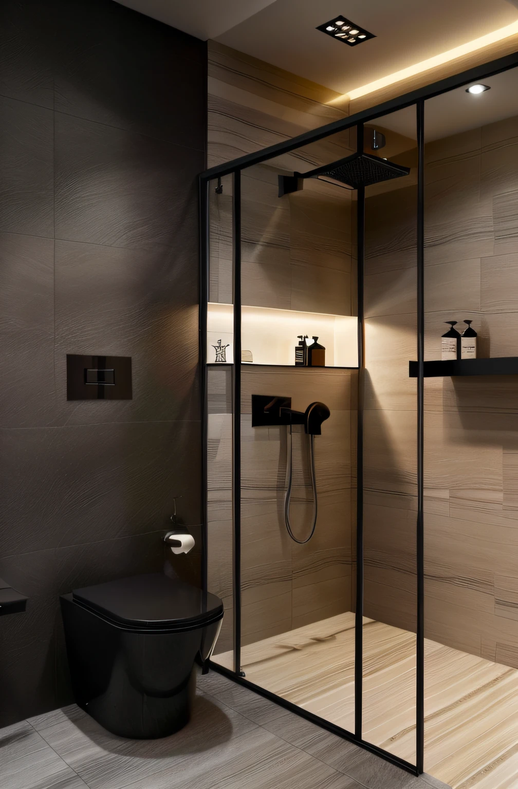 um close up de uma casa de banho com um WC e um chuveiro, design de banheiro premium, banheiro moderno, banheiros de madeira, escuro e moderno, esquema de cores preto, madeira ripada vertical preta, design moderno, visual moderno, Produto fosco todo preto, Vanta Preto, Apartamento com paredes pretas, com linhas elegantes e um poderoso, Banheiro, exquisite black accessories, estilo moderno