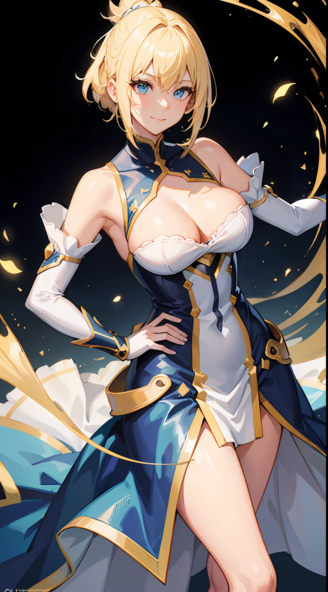 a close up of a person with cut blonde hair, konosuba, sarcastic smile, no watermark signature, saint woman, hyper dimension, inspired by Edwin Dickinson, tall thin beautiful goddess, meme template, neutron, antialiased, sarcastic, colors: yellow, uranium, perfect future, solo, large chested, she is wearong a white and gold suit of armor, decolletage