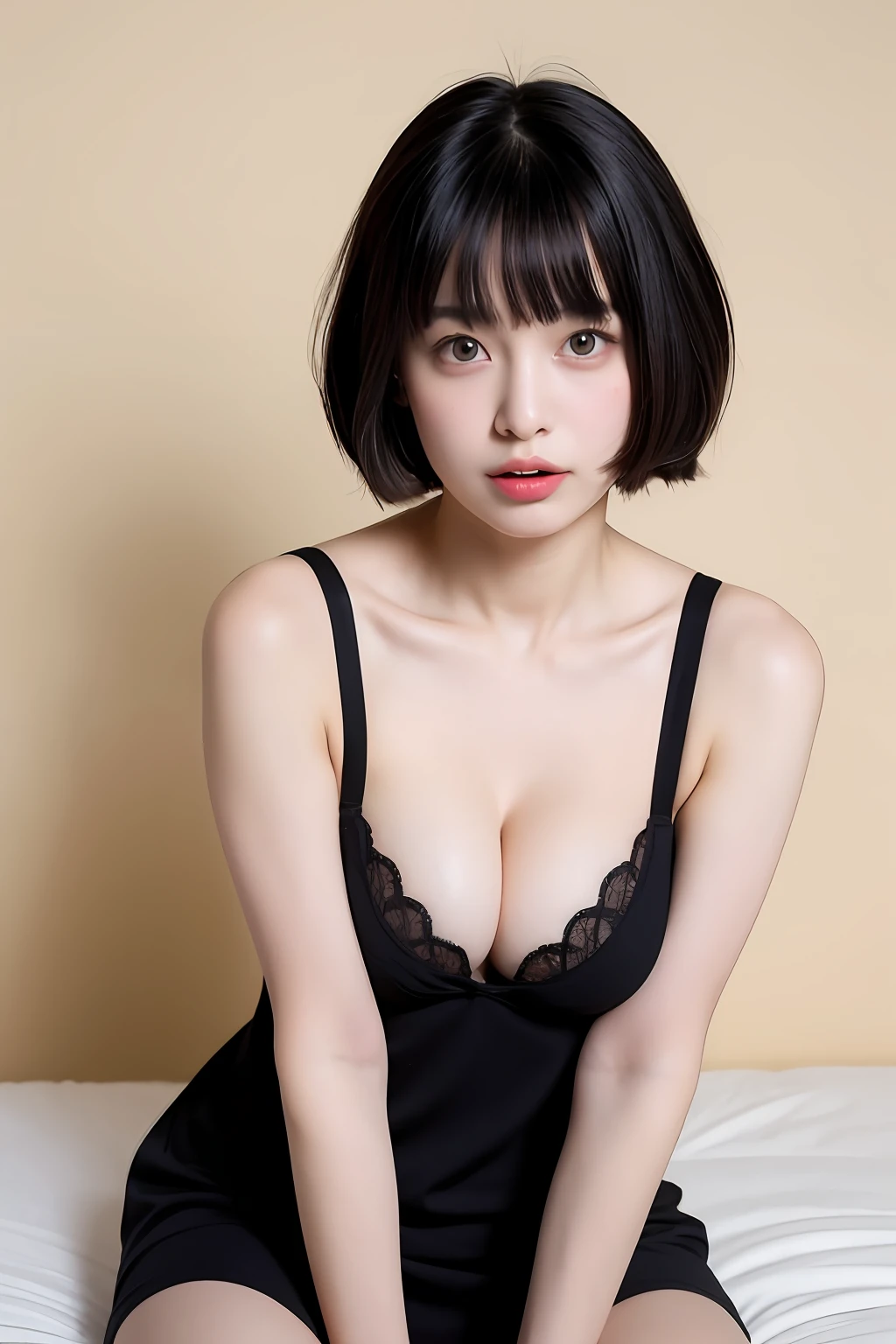 breasts, view straight on, leaning_Forward, Petite, girl,Woman,Female, 年轻,20 years old, Short hair, Bangs, Black hair, Beautiful face, ;P, Heart-shaped_Pupils, tongue, cleavage, shockingpink_Dress, Bra, cleavage_cutout, hight resolution,Small Devil