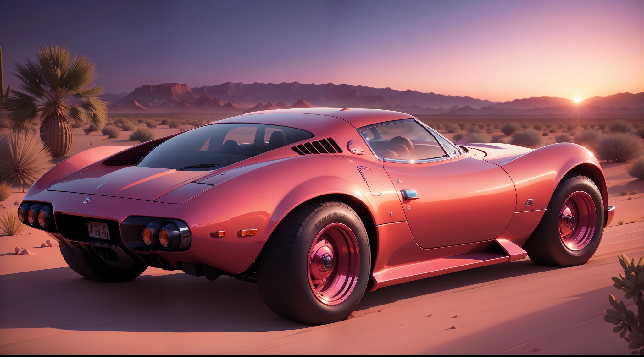 sunset in the desert. Carro futurista. Estilo retrowave