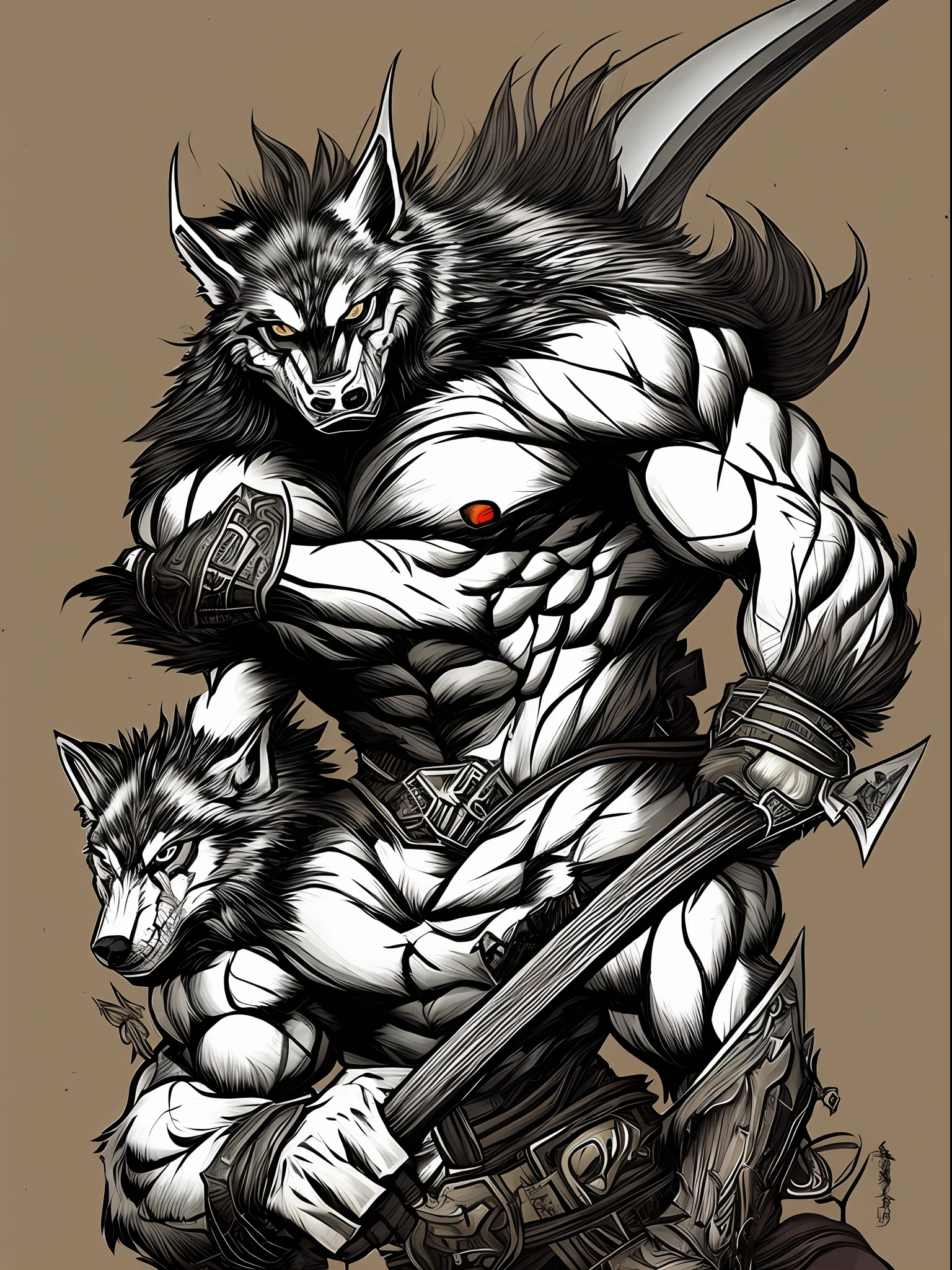 Wolf face muscle man holding a long katana ,set in mid 80