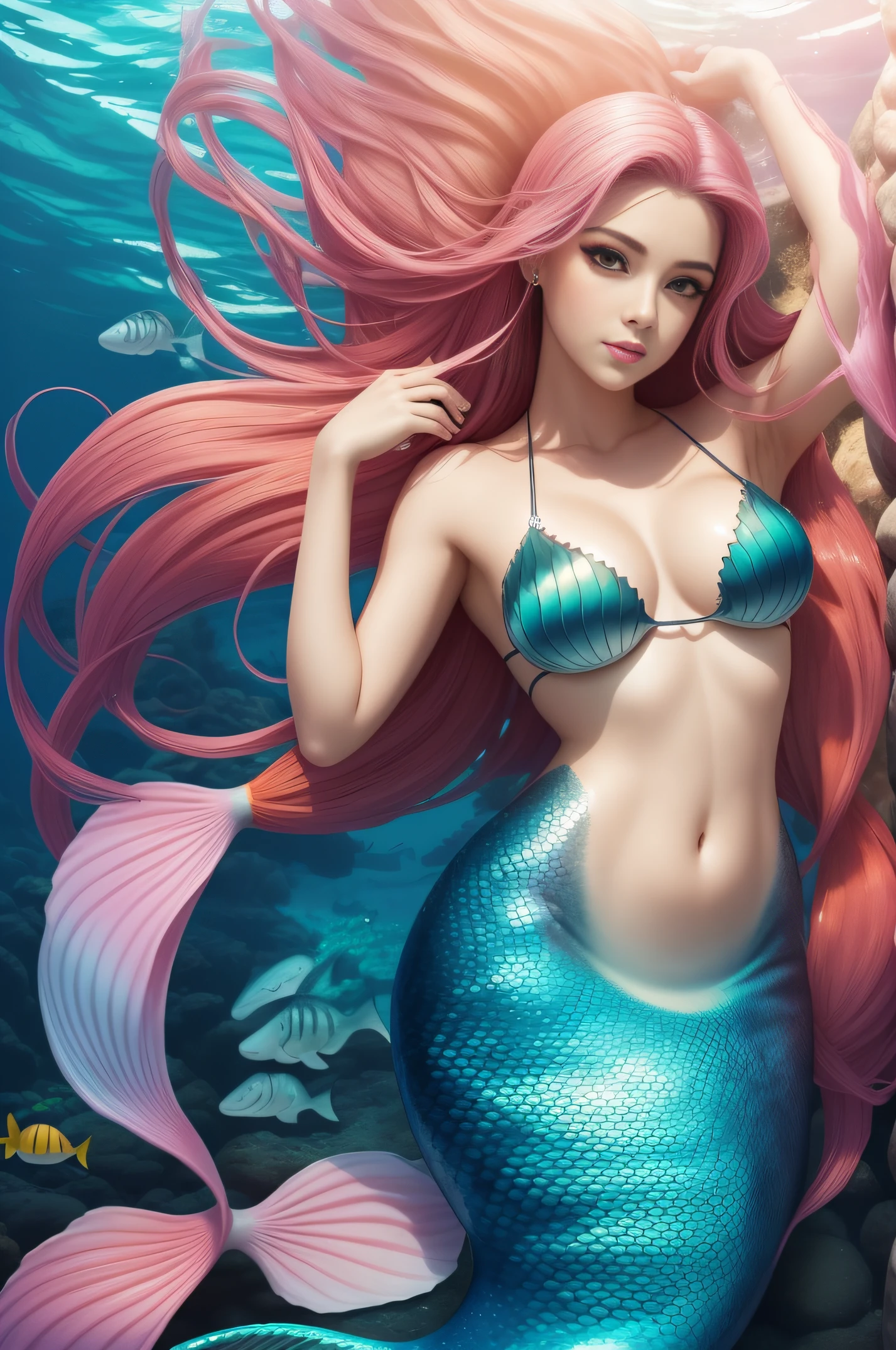 mermaid of the pink , sexy rosto perfeito,peixes ao seu redor, pink tails, orange sharks