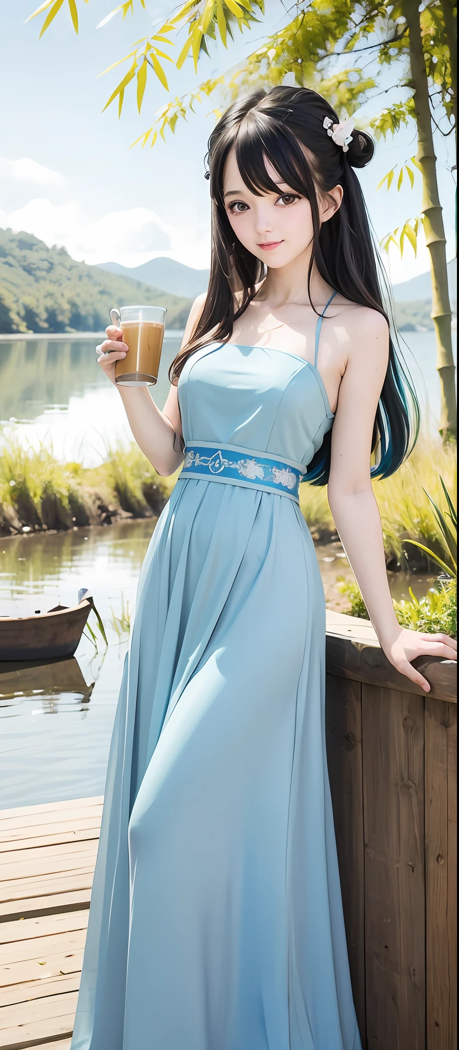 Masterpiece, Best Quality, Official Art, 8k Wallpaper, Very Detailed, Illustration, 1 Girl, Sky Blue Hair, Long Hair, Detailed Eyes, Forrest Gump, Bare Shoulders, Hanfu, Lake, Pure, Soft Smile, bamboo, tea