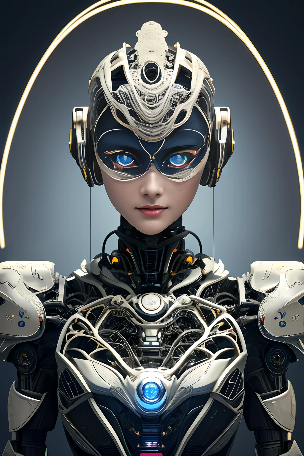 Intricate 3d rendering of highly detailed beautiful ceramic silhouette female robot face, cyborg, robot parts, 150 mm, beautiful studio soft light, rim light, vibrant details, luxury cyberpunk, lace, surreal, anatomy , Facial Muscles, Cable Wires, Microchips, Elegance, Beautiful Background, Octane Rendering, HR Giger Style, 8k, Best Quality, Masterpiece, Illustration, Very Delicate and Beautiful, Very Detailed, CG, Uniform, Wallpaper, ( fidelity, fidelity: 1.37), stunning, fine detail, masterpiece, best quality, official art, very detailed cg unity 8k wallpaper, absurd, unbelievably absurd, robot, silver helmet, full body, sit and write