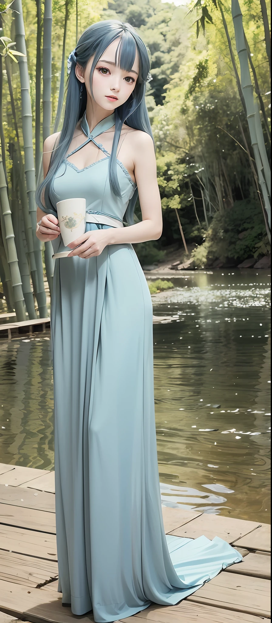 Masterpiece, Best Quality, Official Art, 8k Wallpaper, Very Detailed, Illustration, 1 Girl, Sky Blue Hair, Long Hair, Detailed Eyes, Forrest Gump, Bare Shoulders, Hanfu, Lake, Pure, Soft Smile, bamboo, tea