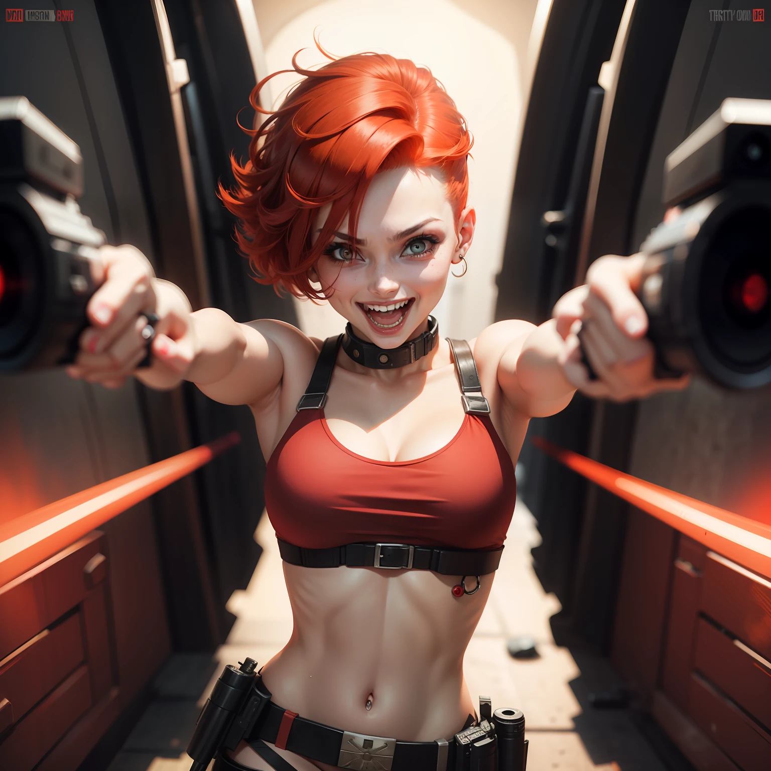 pretty woman psycho crazy laugh, holding guns pointing at camera, red eyes, crazy eyes, red hair, short hair